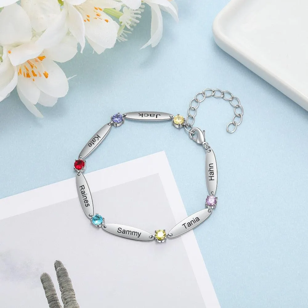 Personalized 6 Inlaid Birthstones Name Engraved Mother Bracelet