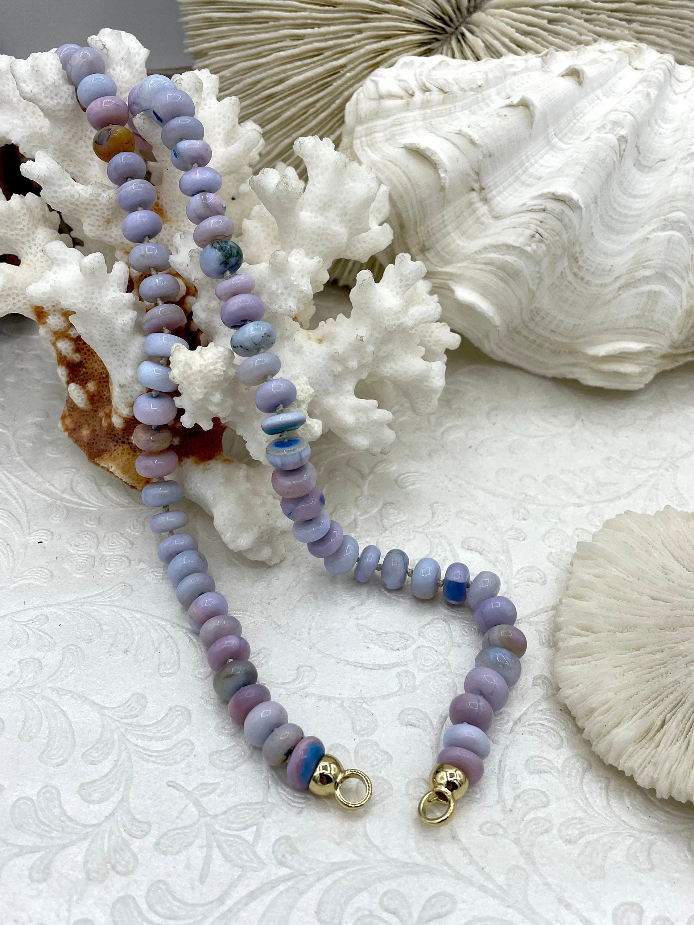 Peruvian Lavender Mixed Opal Hand Knotted Necklace, 16" Long, Rondelle Stones, 2 sizes, w/Gold Finished Ends, Candy Necklace, Fast Ship