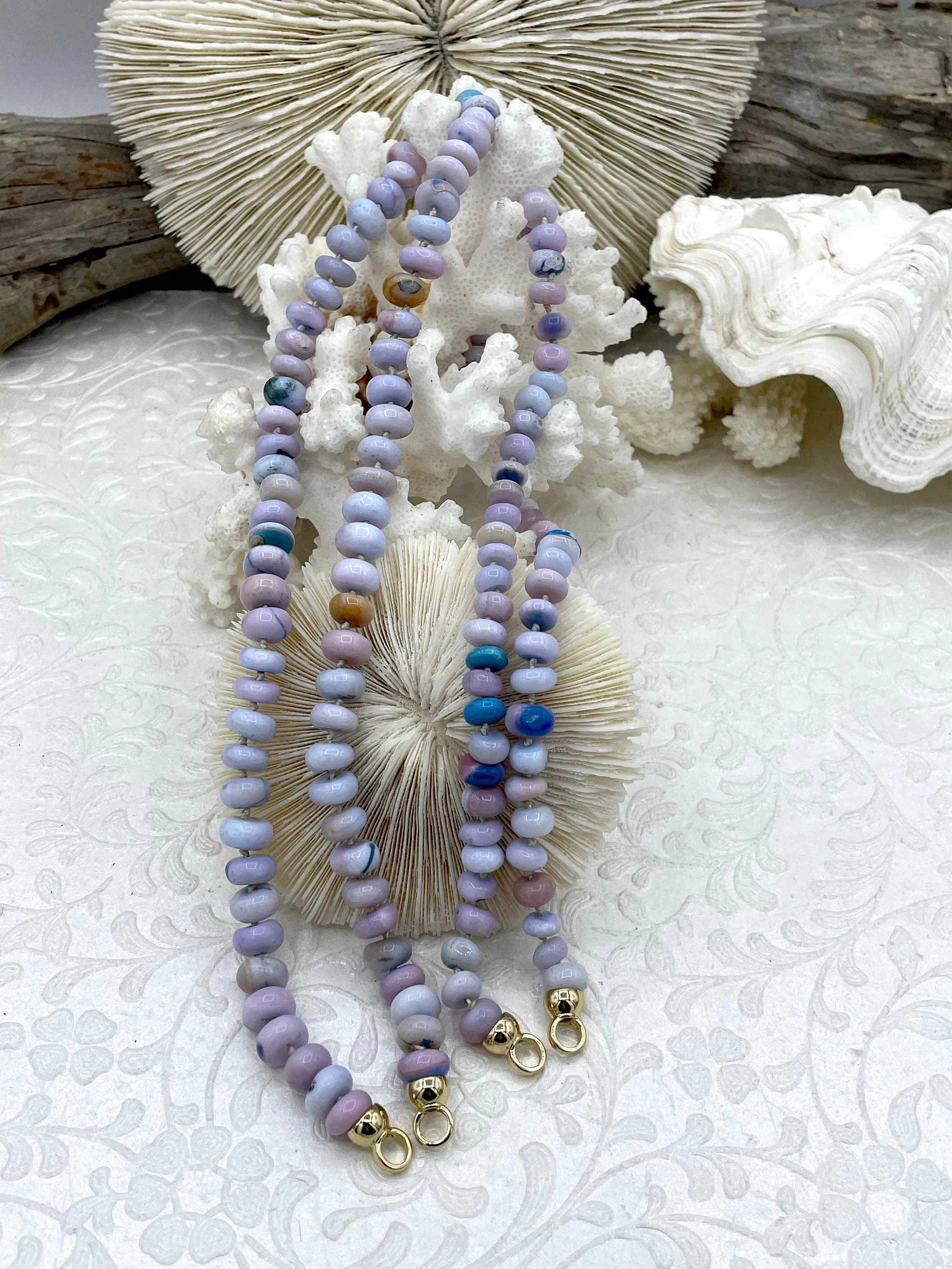 Peruvian Lavender Mixed Opal Hand Knotted Necklace, 16" Long, Rondelle Stones, 2 sizes, w/Gold Finished Ends, Candy Necklace, Fast Ship