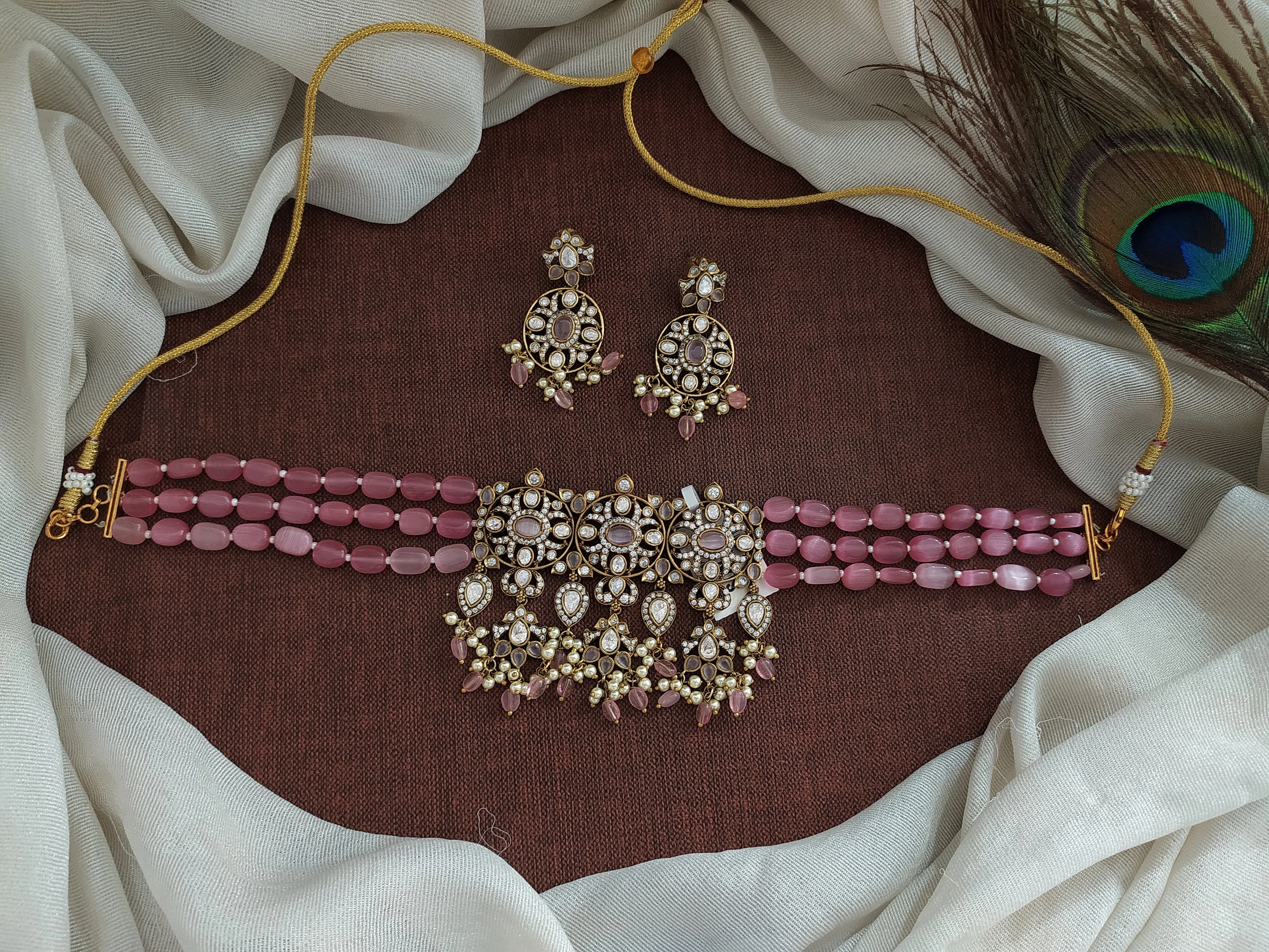 Pink Elegance Victorian Beaded Choker Set with Kundan and Zircon Flourish