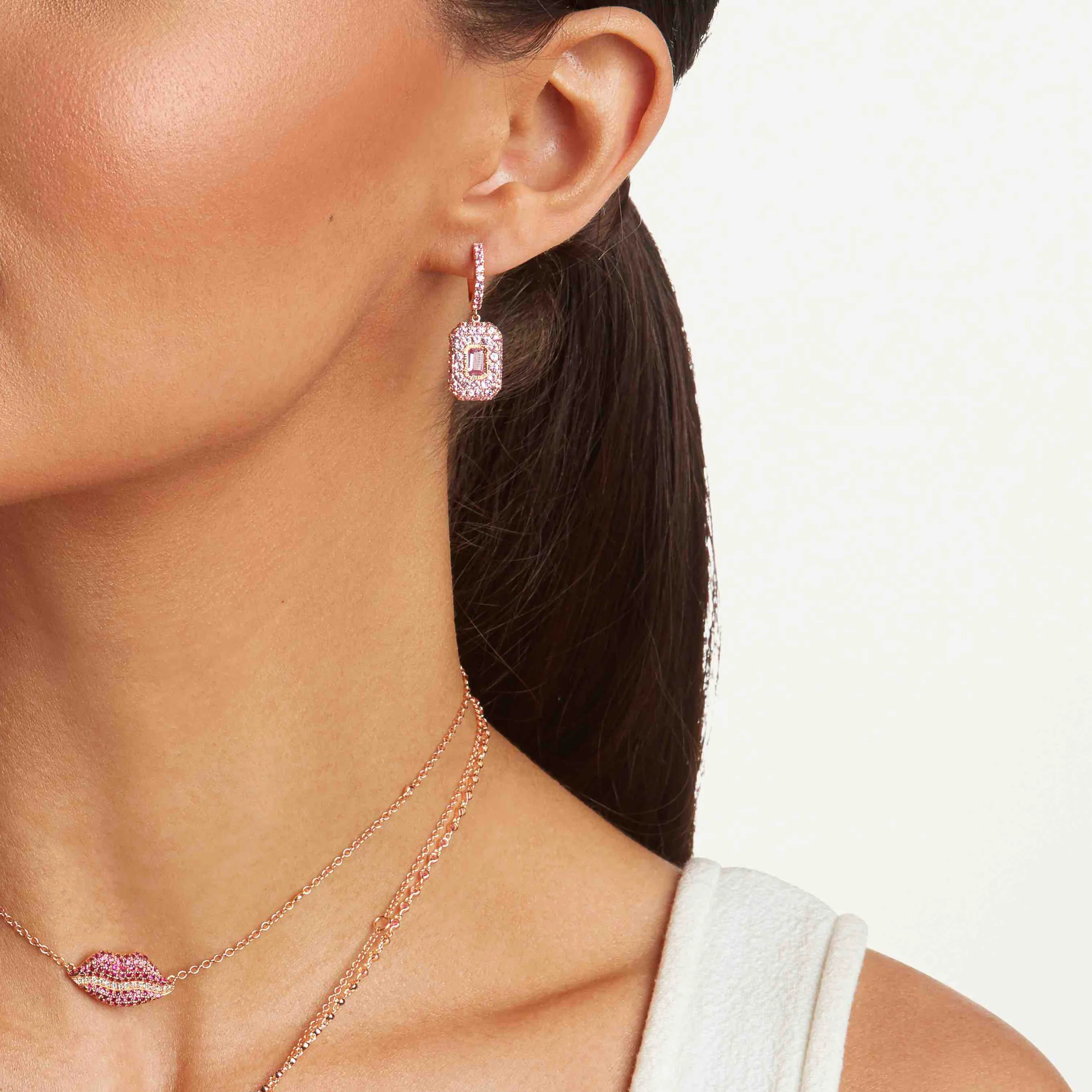 PINK SAPPHIRE PAVE BAGUETTE DROP EARRINGS