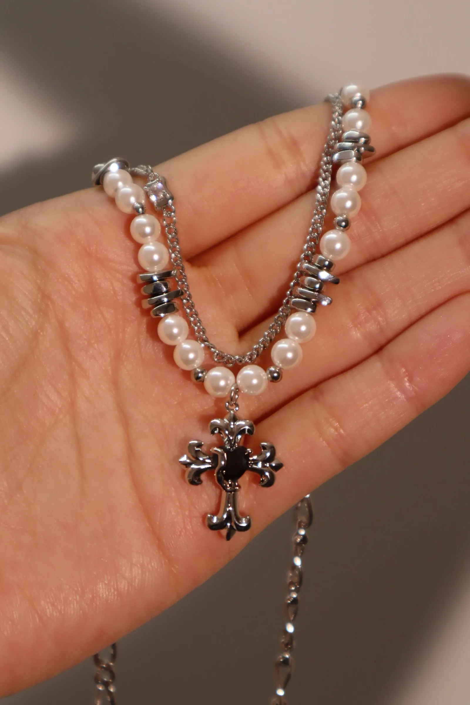 Platinum Plated Black Gem Cross Pearls Necklace