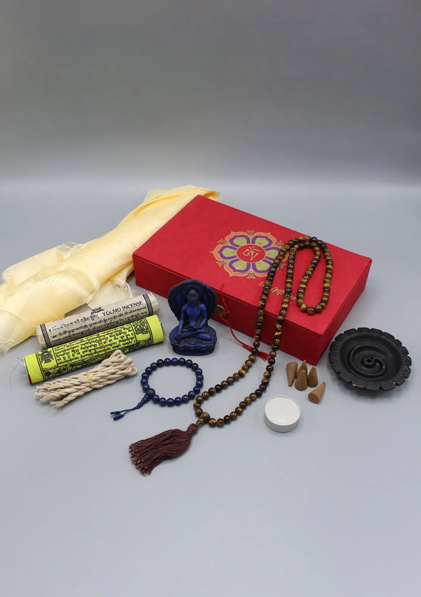 Prayer Flags, Prayer Beads and Incense Buddhist Om Mani Travel Gift Box