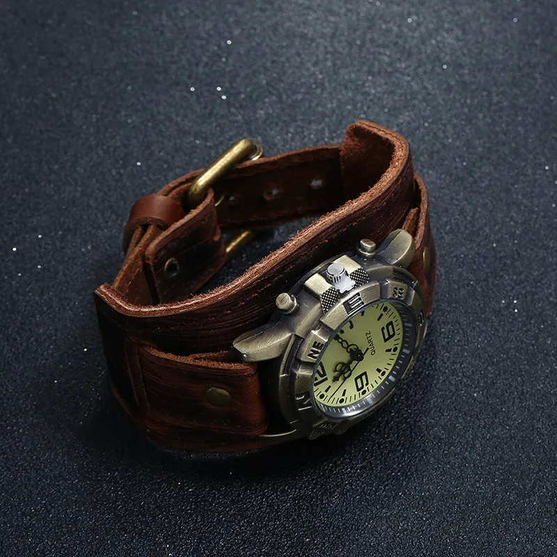 Punk Retro Leather Watch Bracelet All-Match Fashion Men and Women Punk Hip Hop Cattle Leather Bracelet