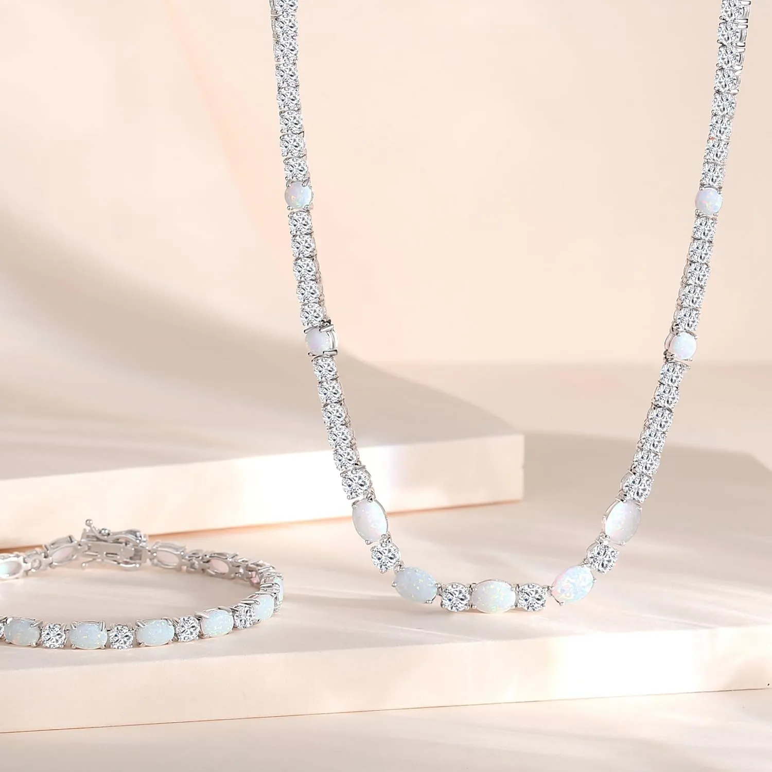 "Glamour Radiance" October Birthstone Fancy Cut White Opal Sterling Silver Tennis Necklace