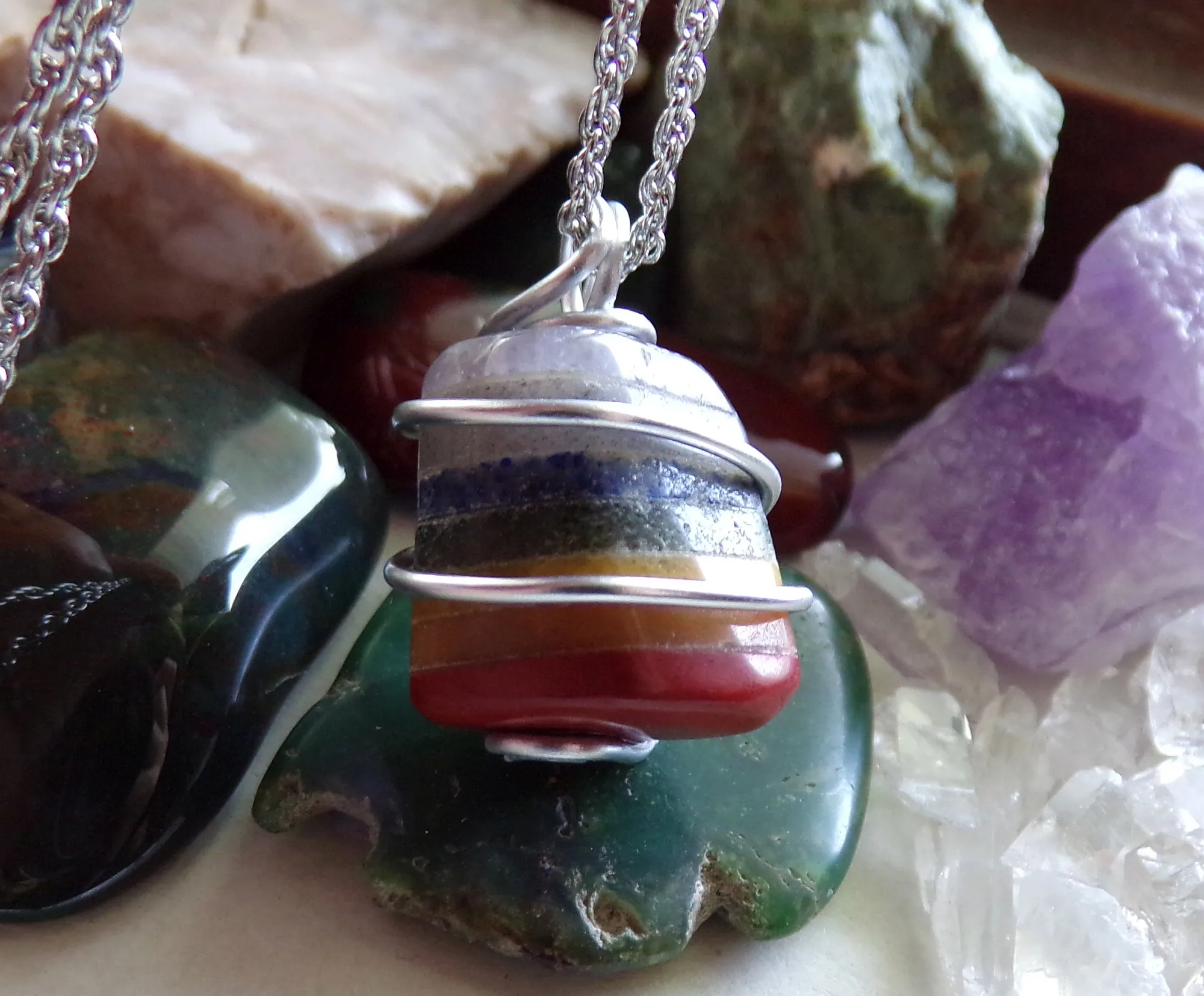 Rainbow Chakra Crystal Wire Wrapped Gemstone Pendant Necklace