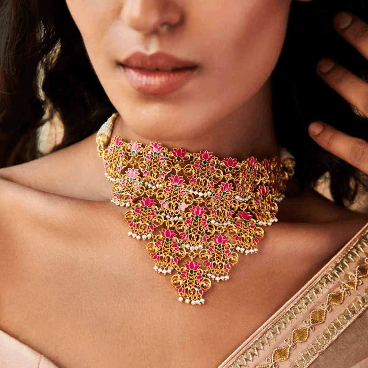 Rani Lotus Choker Necklace in Pink Enamel