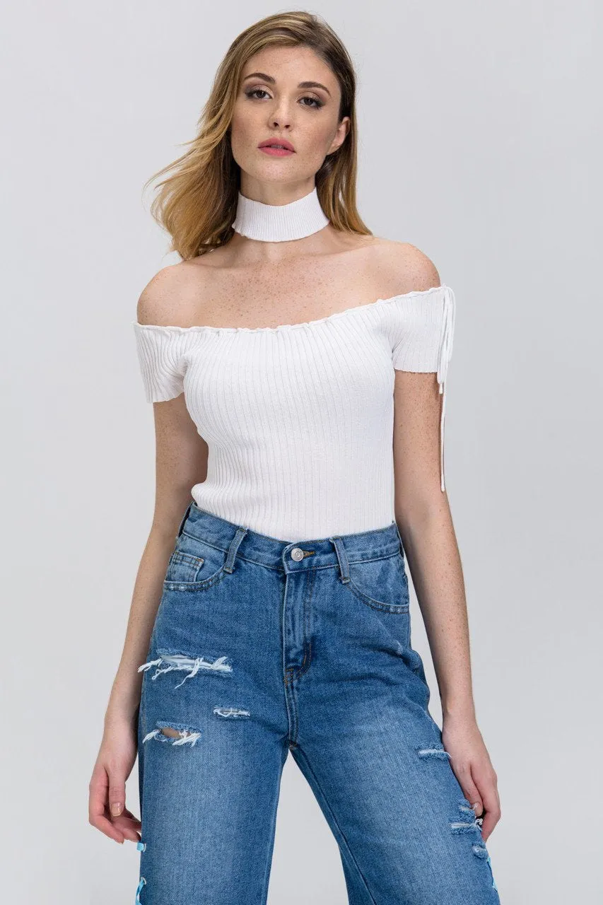 Rania Fawaz - White Off the Shoulder Bodycon Choker Top