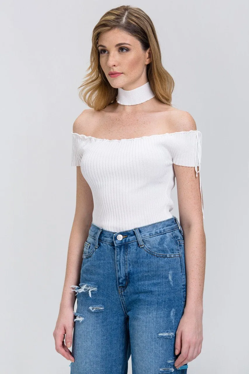 Rania Fawaz - White Off the Shoulder Bodycon Choker Top