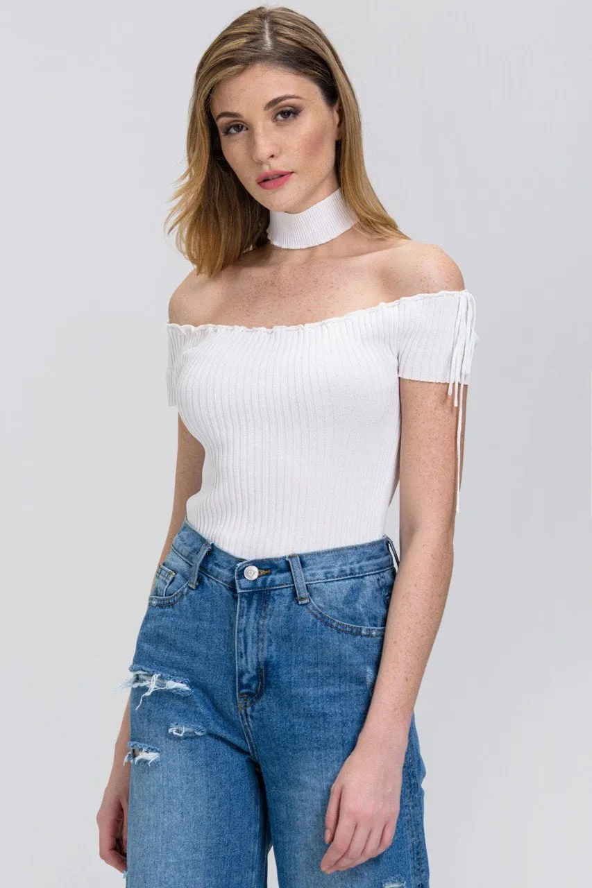 Rania Fawaz - White Off the Shoulder Bodycon Choker Top