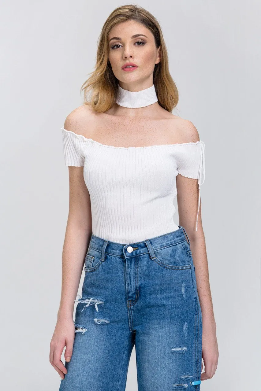 Rania Fawaz - White Off the Shoulder Bodycon Choker Top