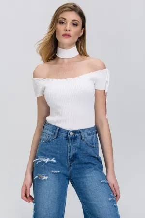 Rania Fawaz - White Off the Shoulder Bodycon Choker Top