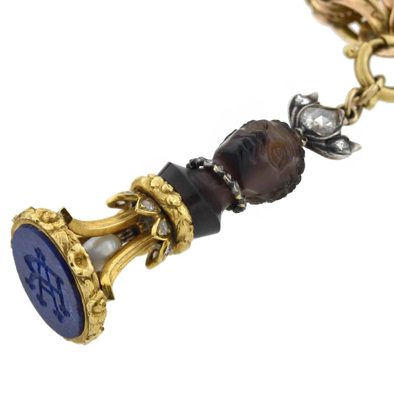 Rare Victorian   Georgian Blackamoor   Multi-Gemstone Fob Compilation Necklace 20.25"