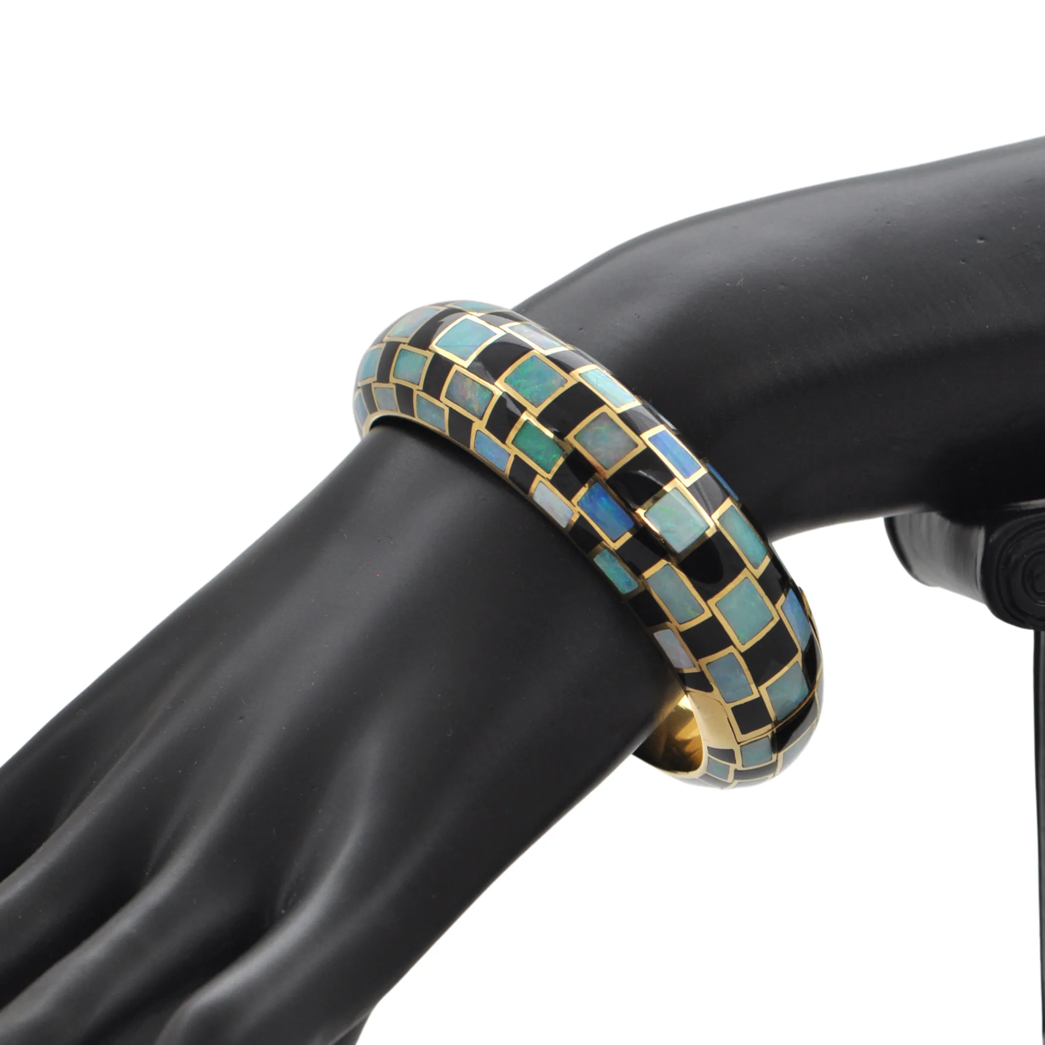 Rare Vintage Angela Cummings for Tiffany & Co. 18k Yellow Gold Opal and Onyx Bangle Bracelet (C.1980's)