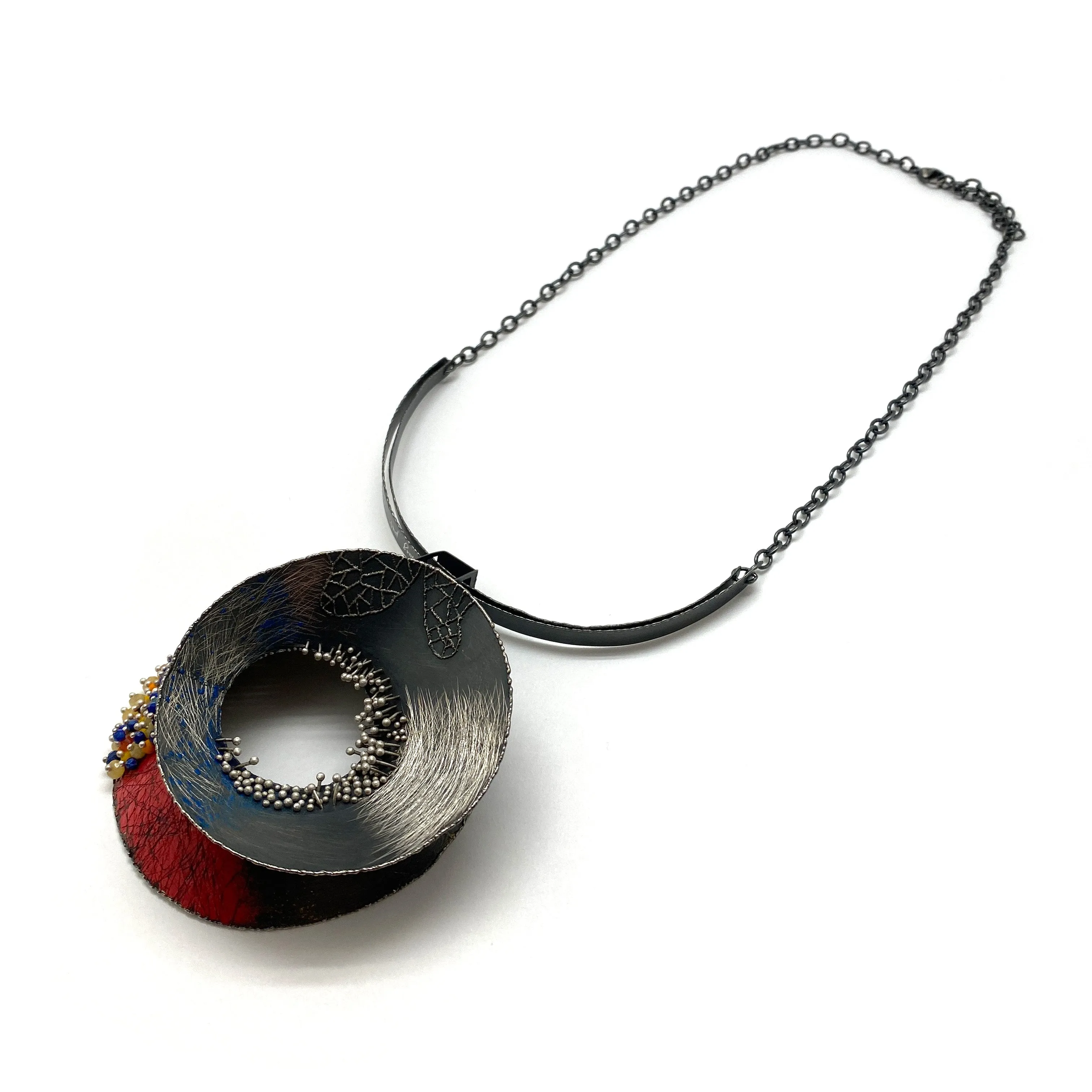 Red and Multi-Bead Silver Concave XL Collar Necklace