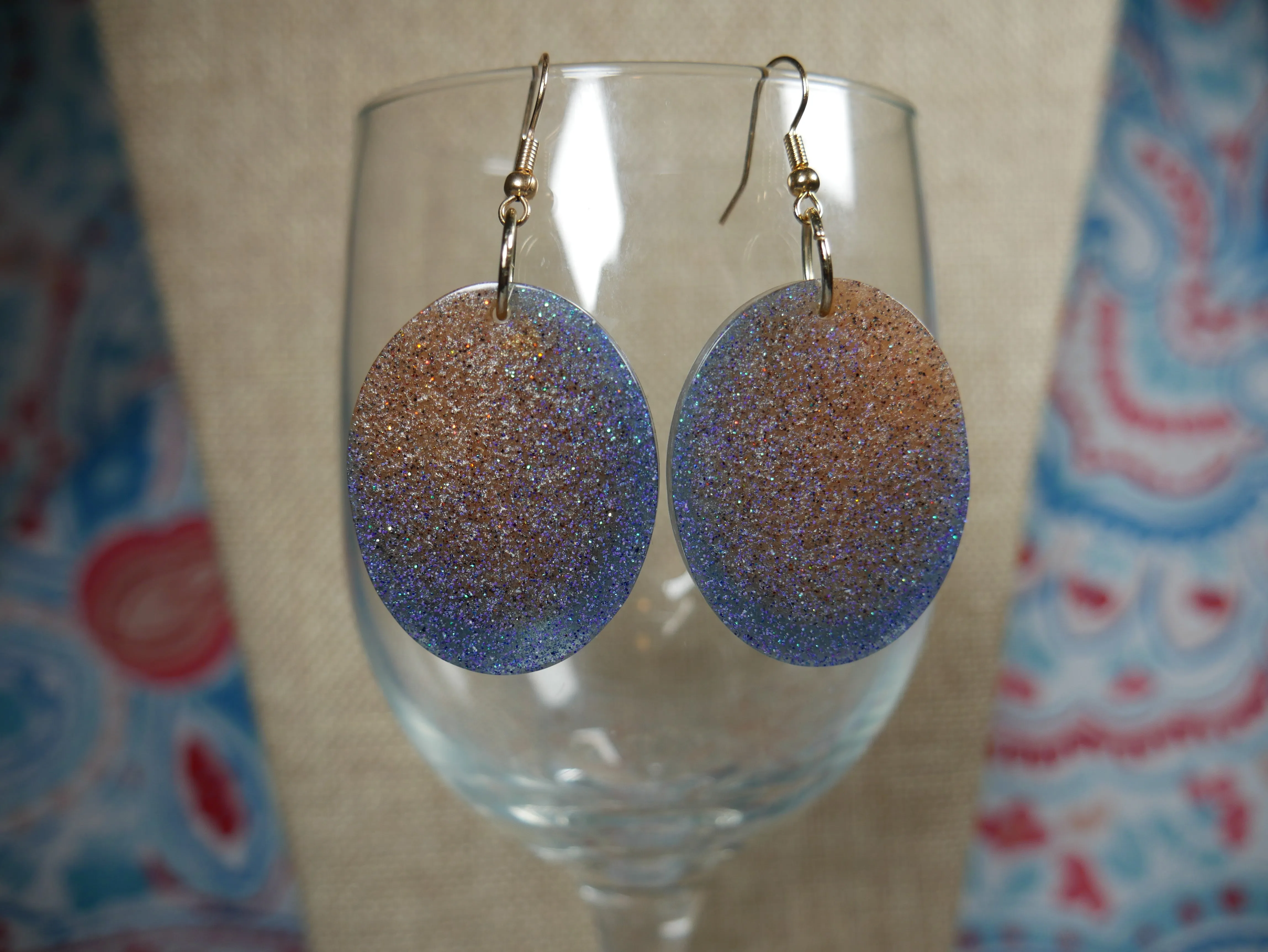 Resin Blue and Gold Oval Earrings