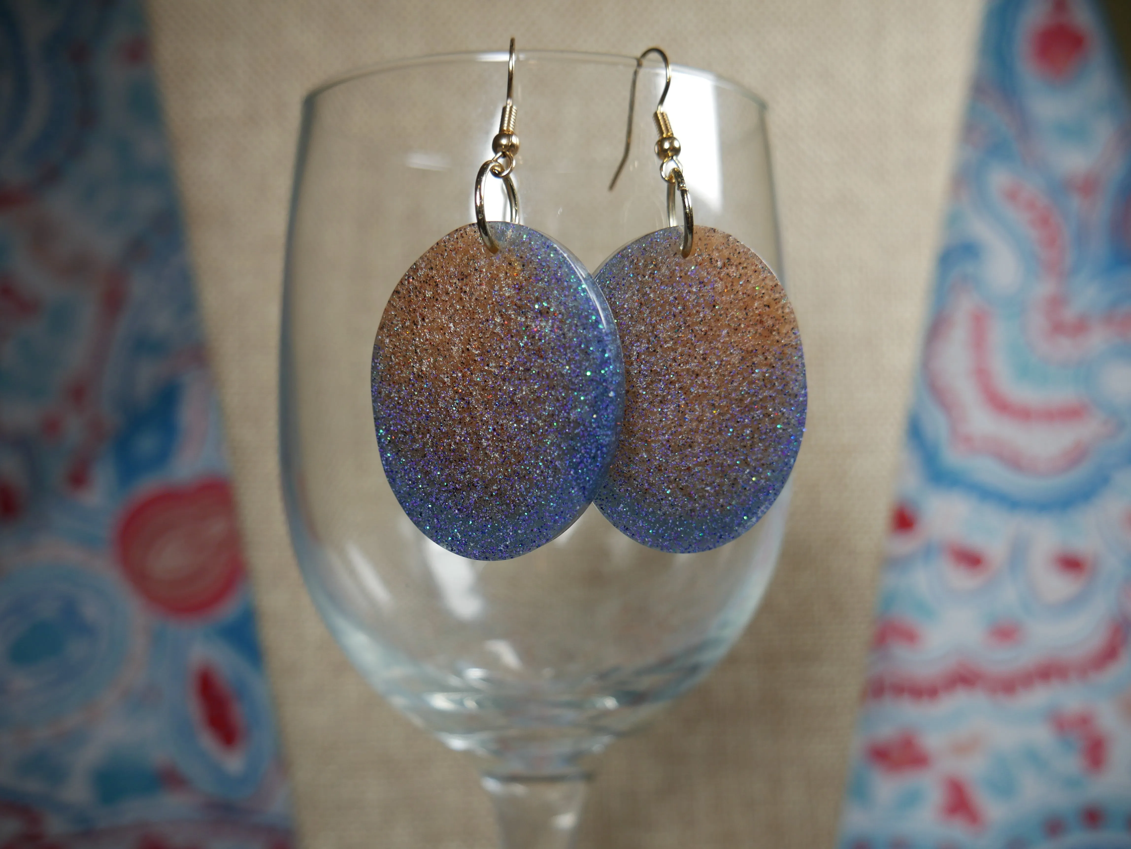 Resin Blue and Gold Oval Earrings