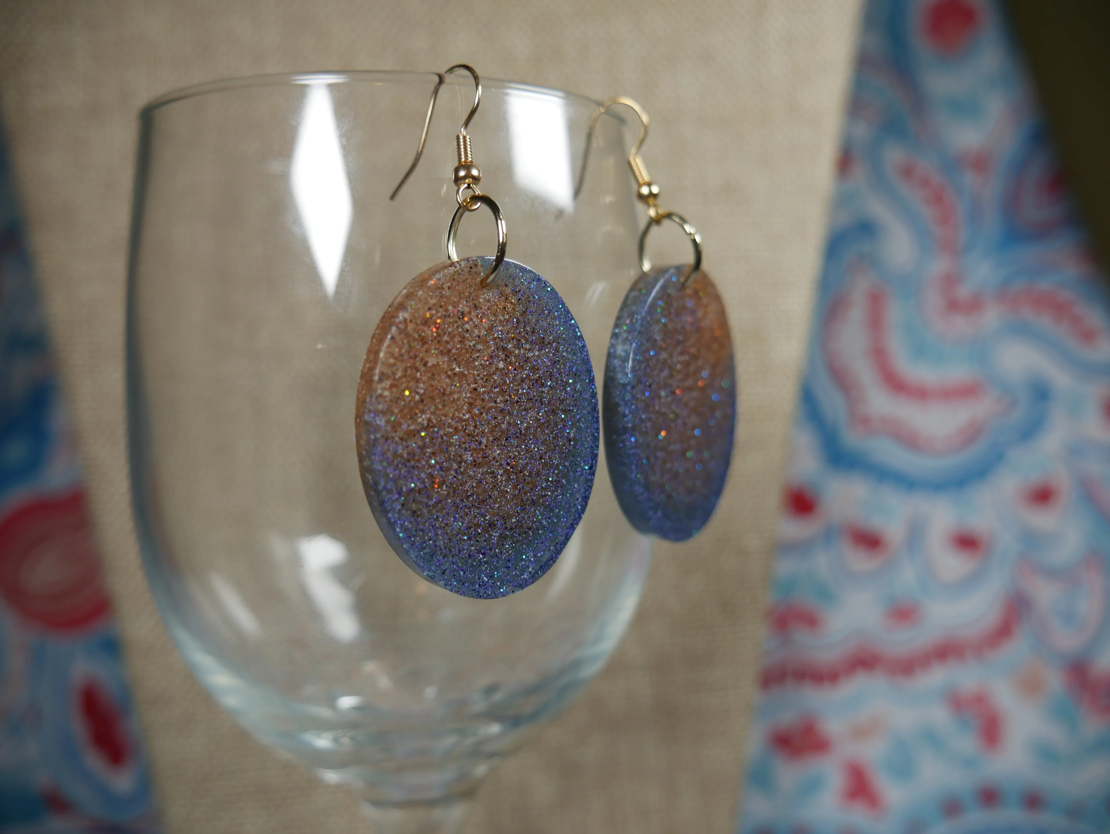 Resin Blue and Gold Oval Earrings