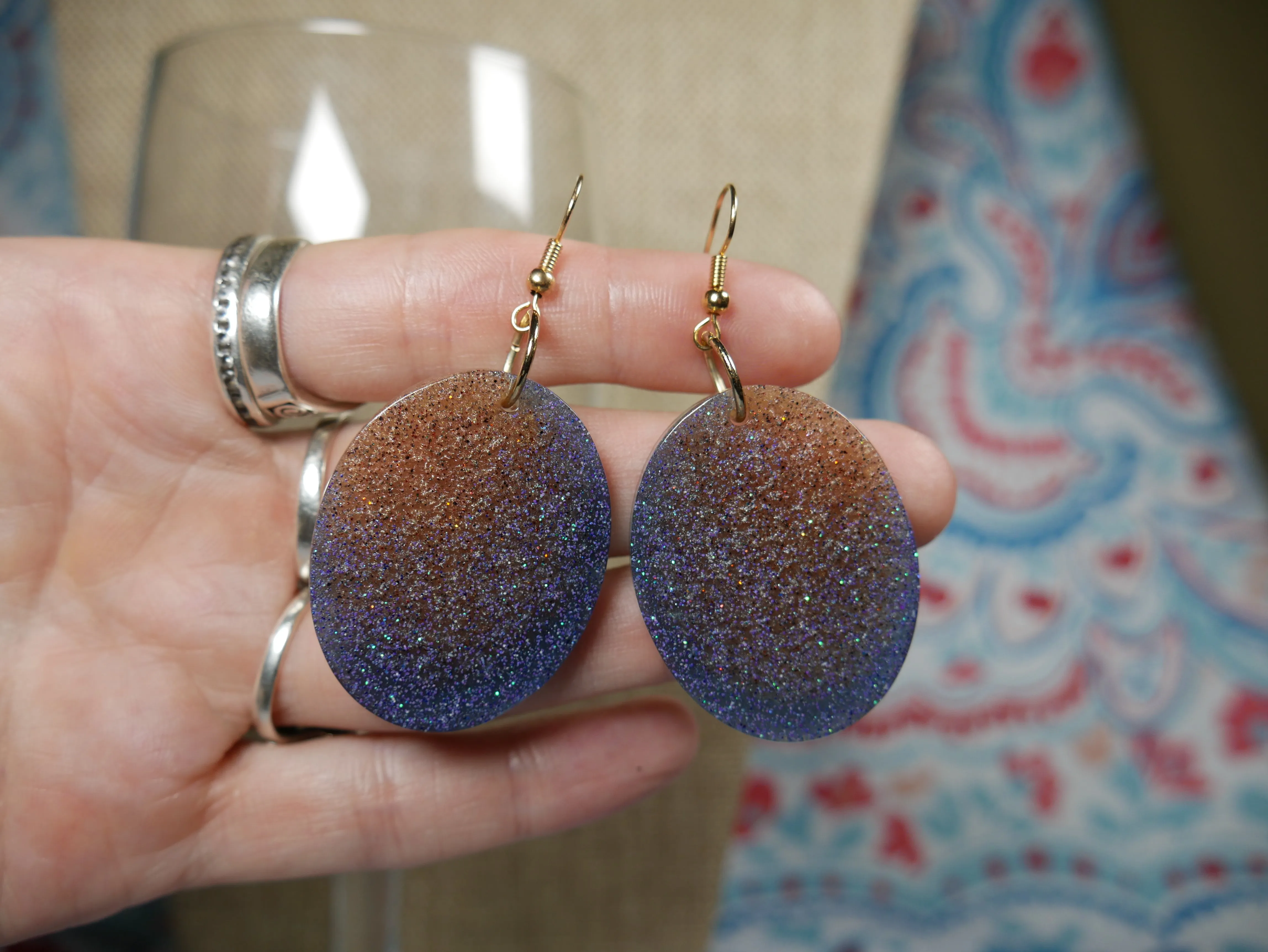 Resin Blue and Gold Oval Earrings