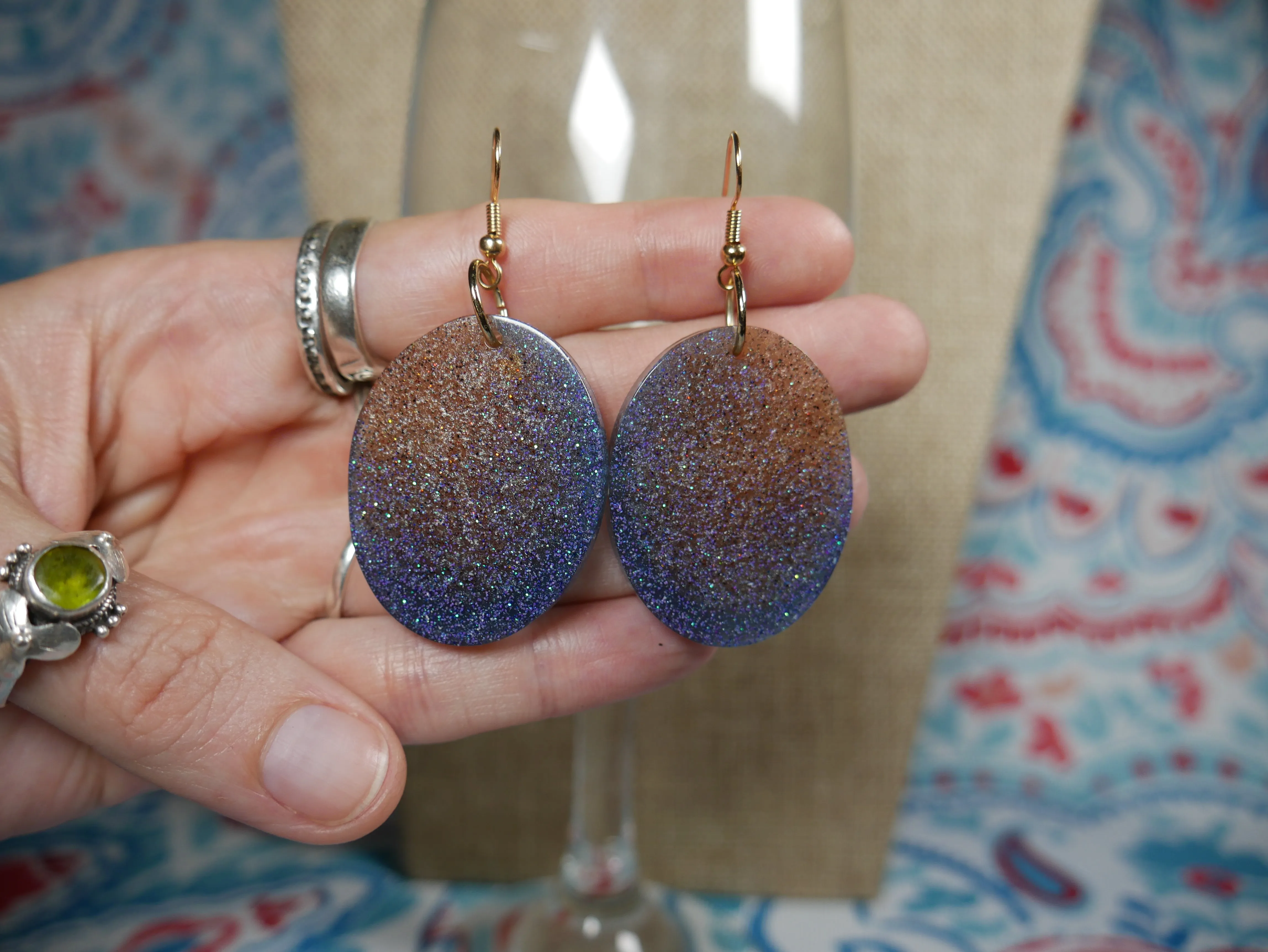 Resin Blue and Gold Oval Earrings