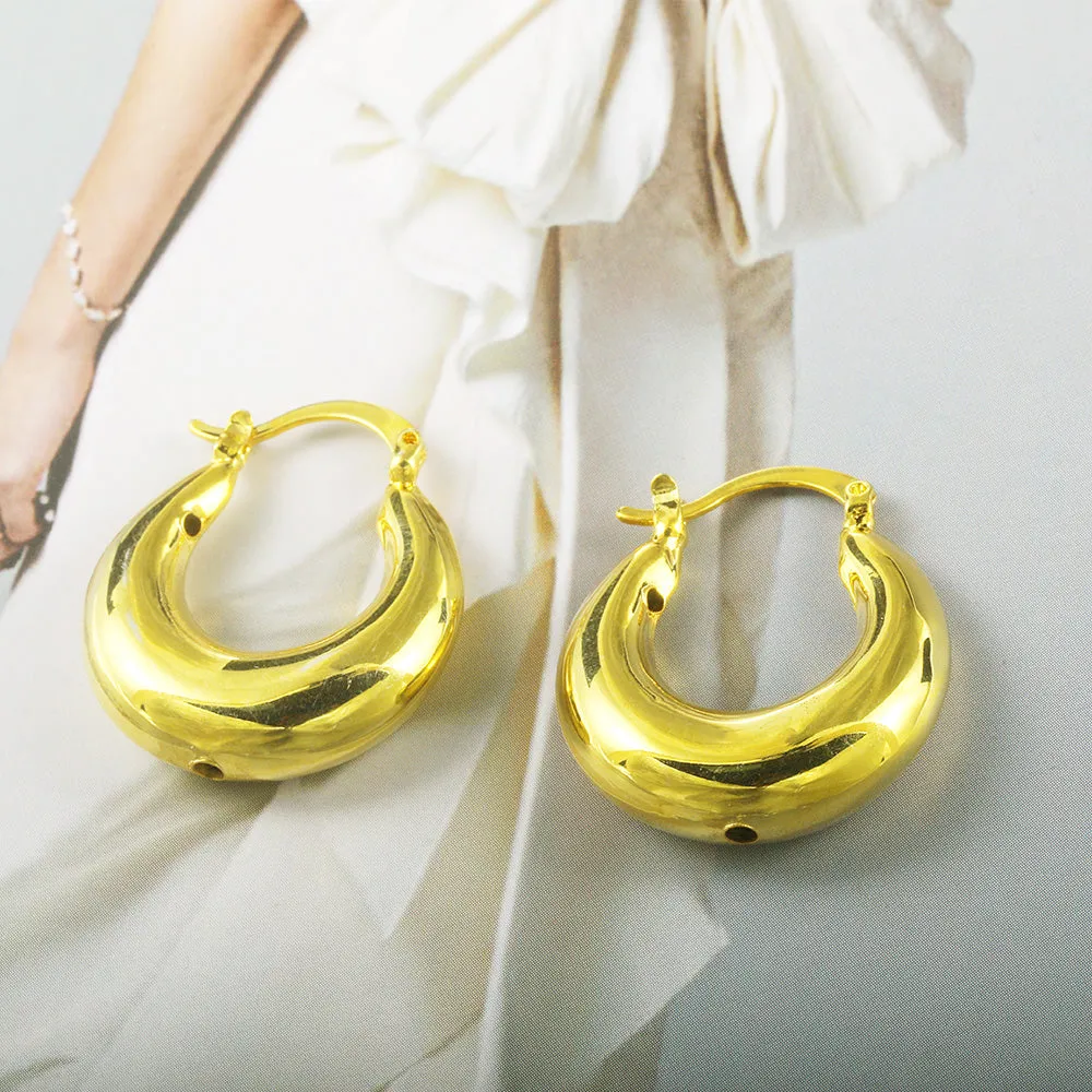 Retro Round Shape 24K Gold-Plated Copper Earrings Jewelry Gift Present for Woman