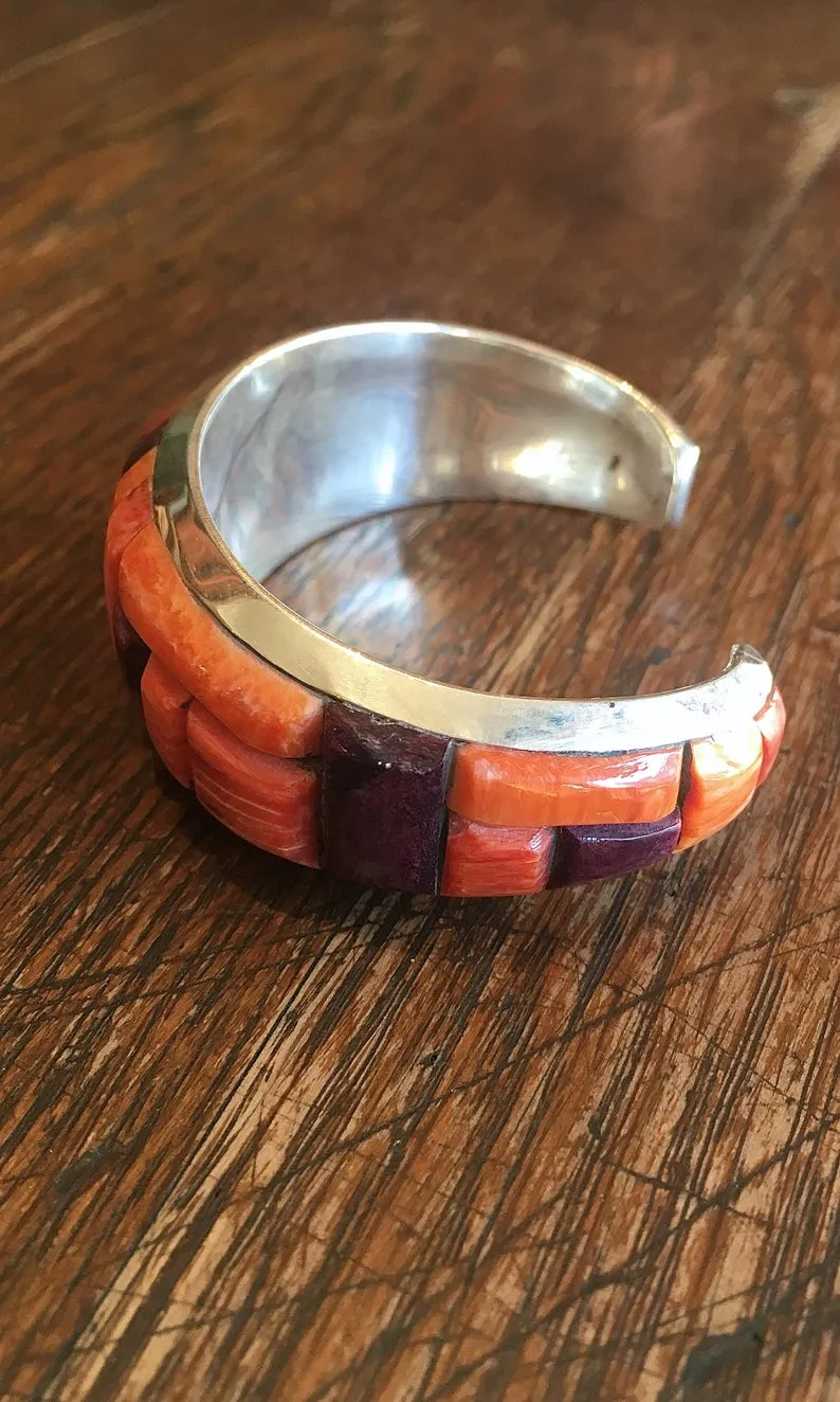 RGB Orange and Purple Spiny Oyster Silver Zuni Cuff