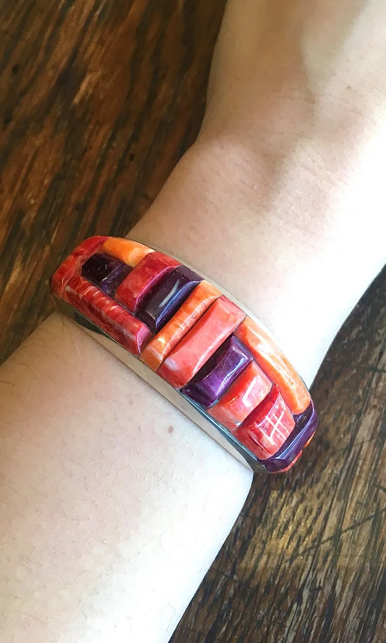 RGB Orange and Purple Spiny Oyster Silver Zuni Cuff