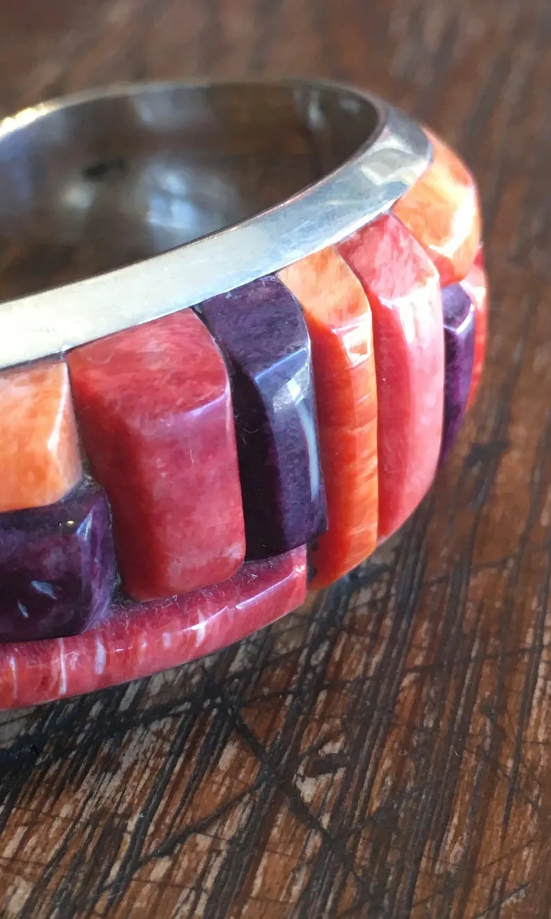 RGB Orange and Purple Spiny Oyster Silver Zuni Cuff