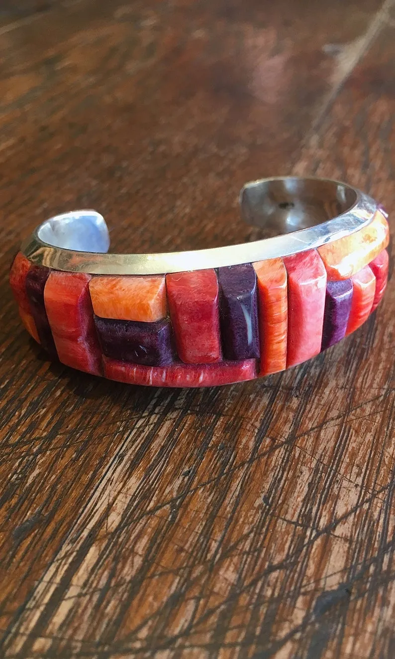 RGB Orange and Purple Spiny Oyster Silver Zuni Cuff