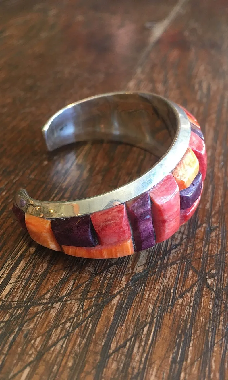 RGB Orange and Purple Spiny Oyster Silver Zuni Cuff