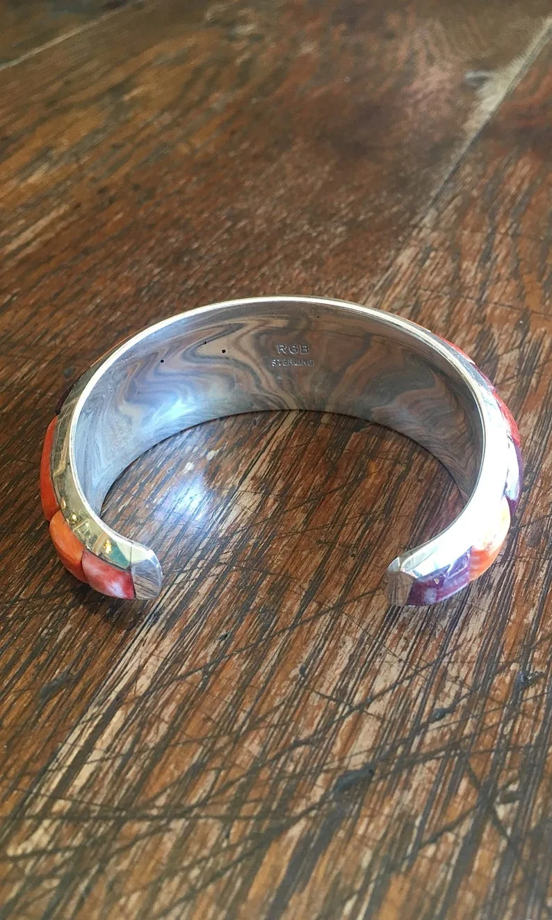 RGB Orange and Purple Spiny Oyster Silver Zuni Cuff