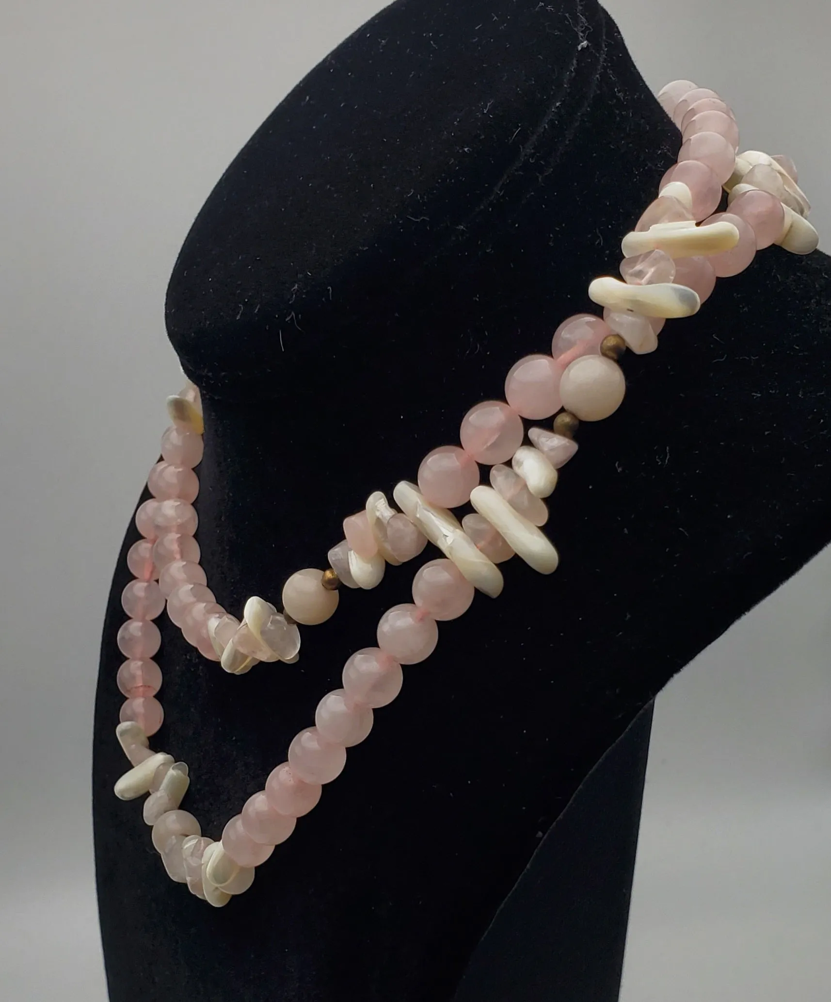 Rose Quartz and Shell Bead Necklace - 32"