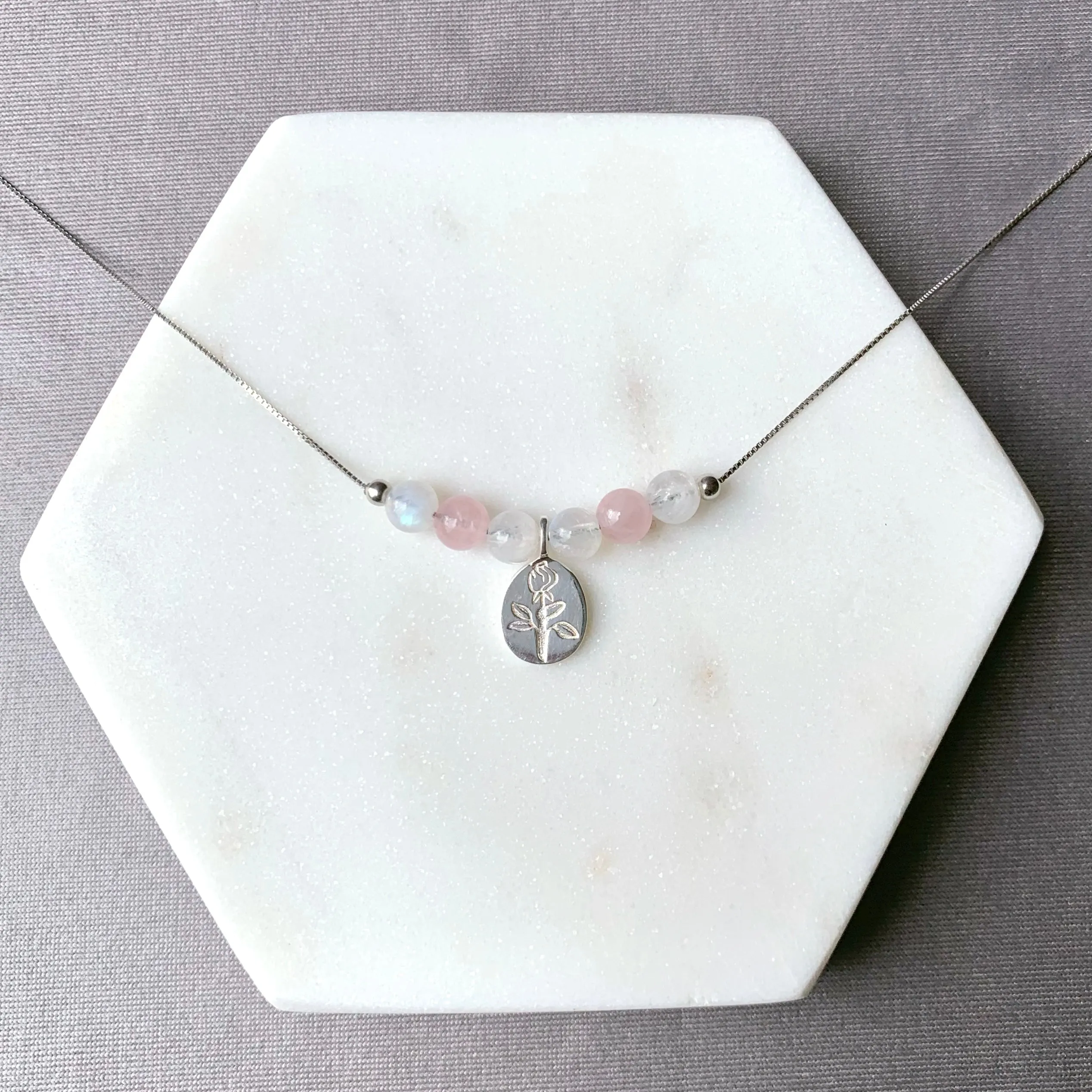 Rose Quartz Flower Pendant 925 Silver Necklace