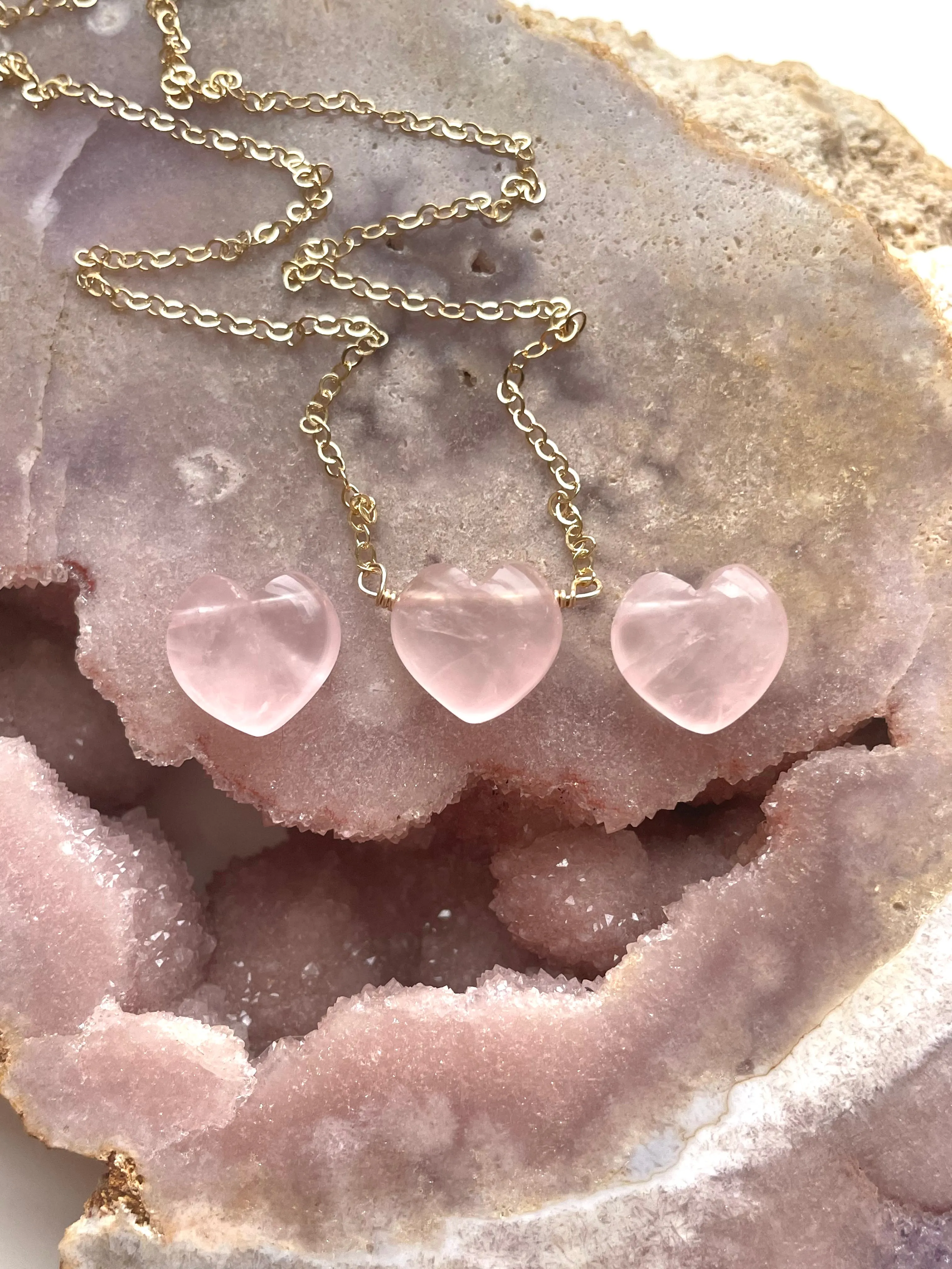 Rose Quartz Heart Shaped Crystal Healing Necklace Silver or Gold Filled