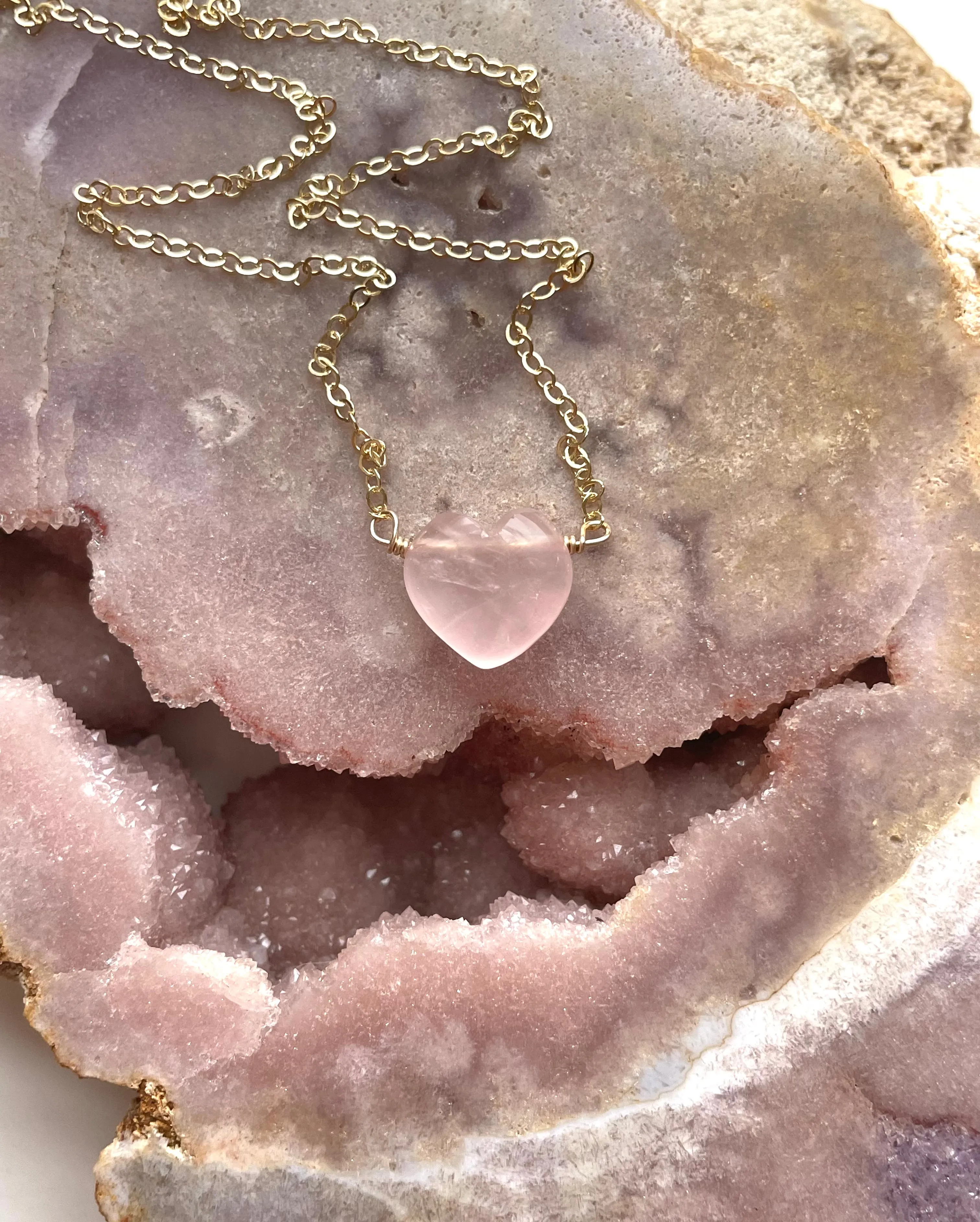 Rose Quartz Heart Shaped Crystal Healing Necklace Silver or Gold Filled