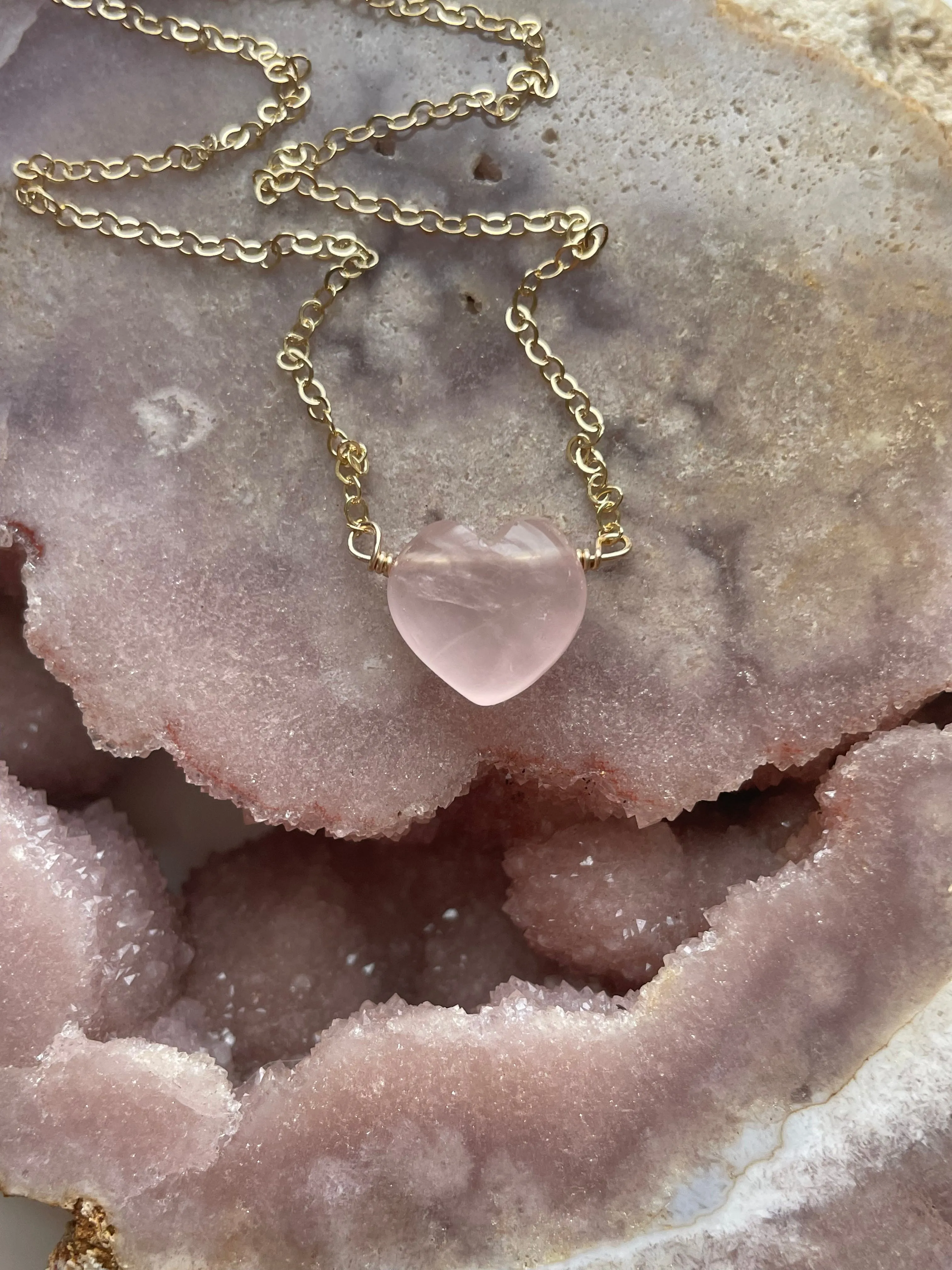 Rose Quartz Heart Shaped Crystal Healing Necklace Silver or Gold Filled