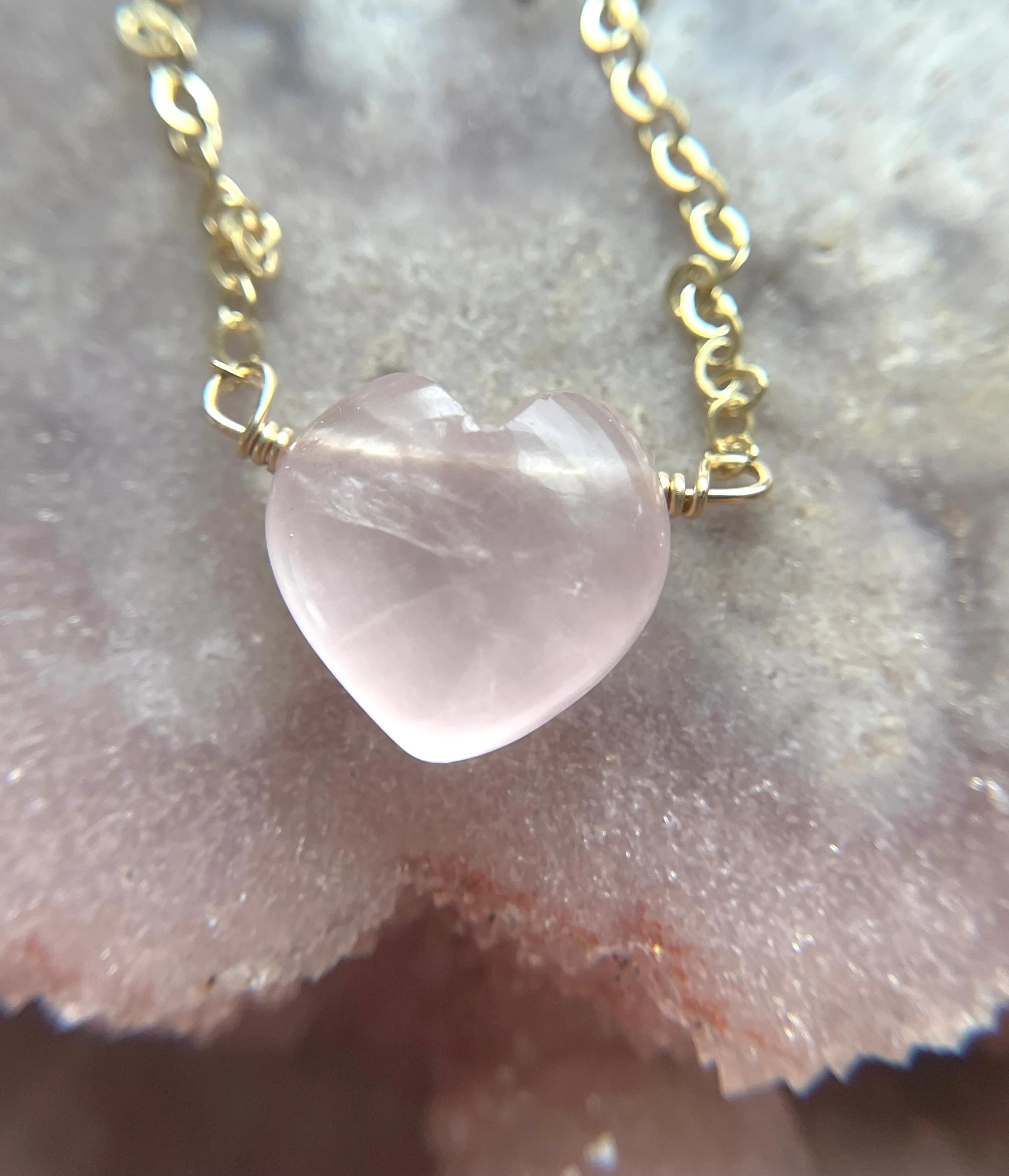 Rose Quartz Heart Shaped Crystal Healing Necklace Silver or Gold Filled