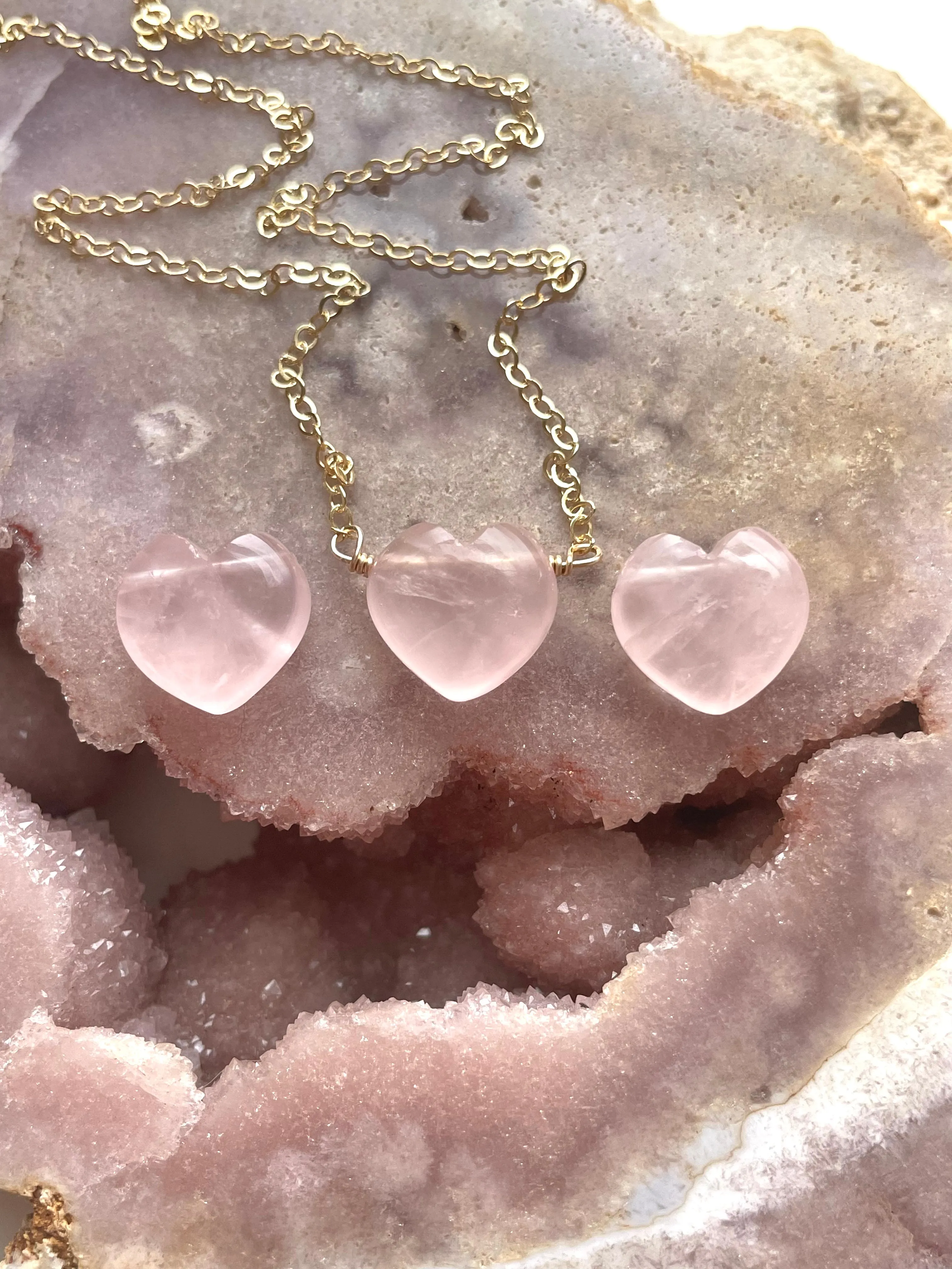 Rose Quartz Heart Shaped Crystal Healing Necklace Silver or Gold Filled