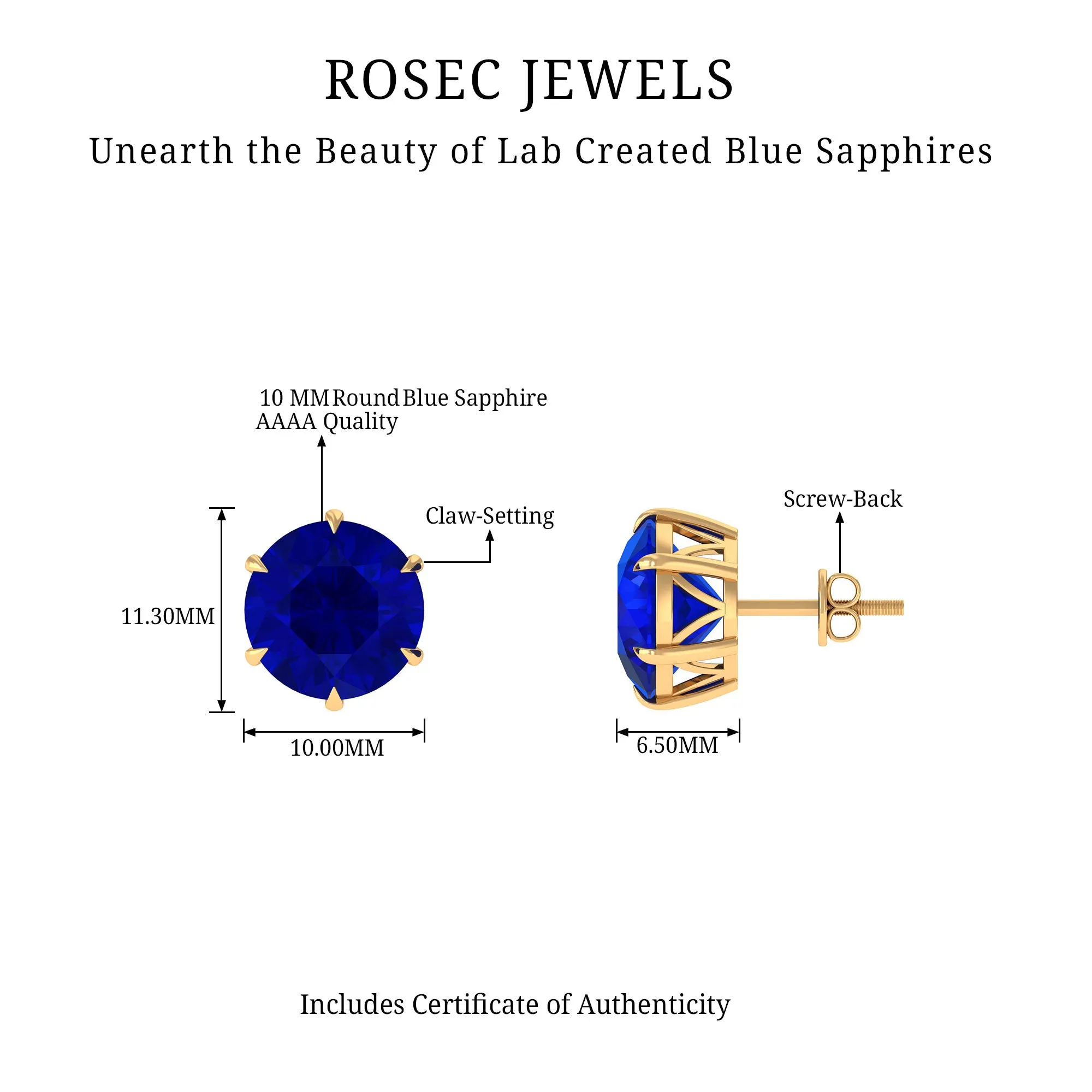 Round Lab Grown Blue Sapphire Solitaire Stud Earrings in 6 Claw Prong Setting