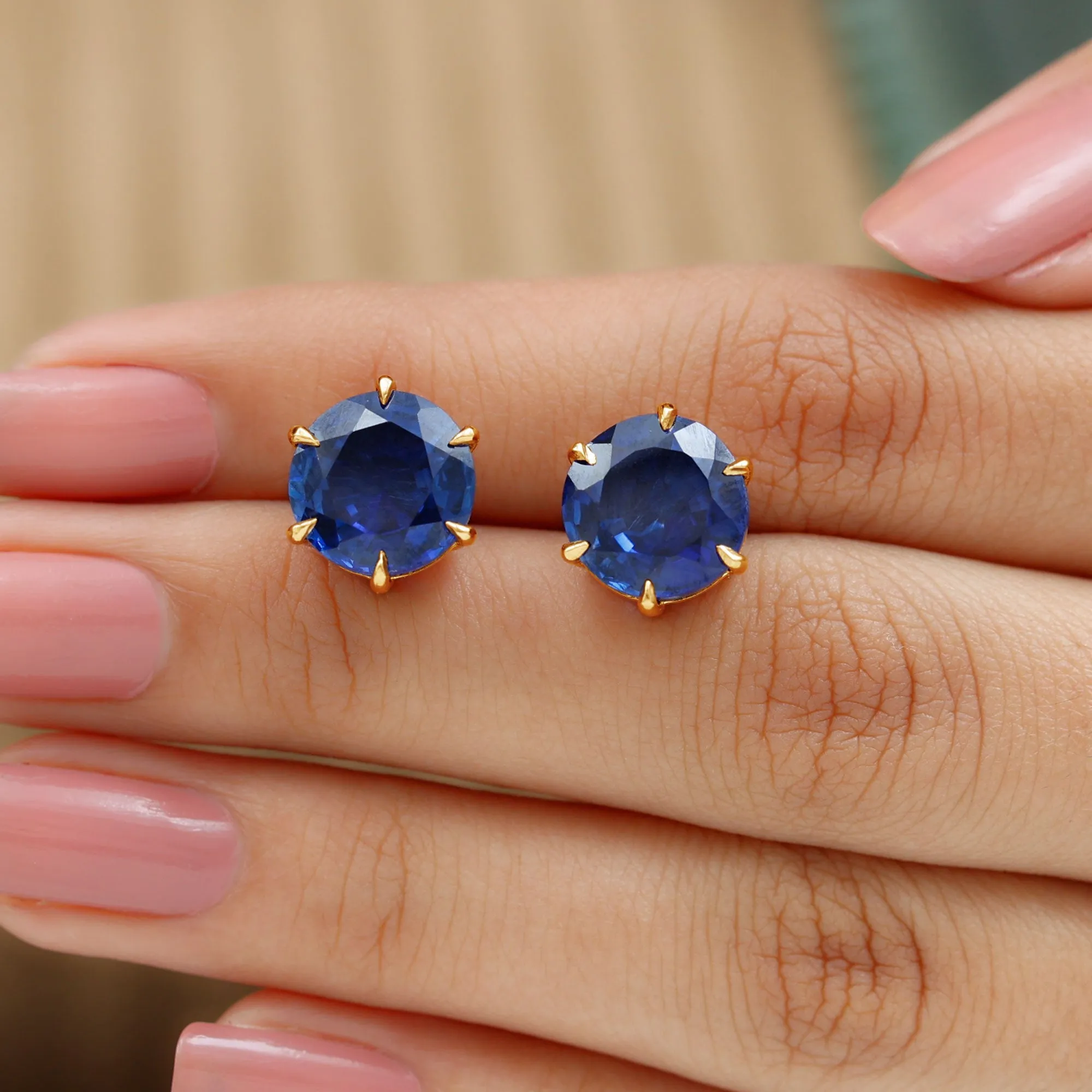 Round Lab Grown Blue Sapphire Solitaire Stud Earrings in 6 Claw Prong Setting