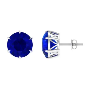 Round Lab Grown Blue Sapphire Solitaire Stud Earrings in 6 Claw Prong Setting