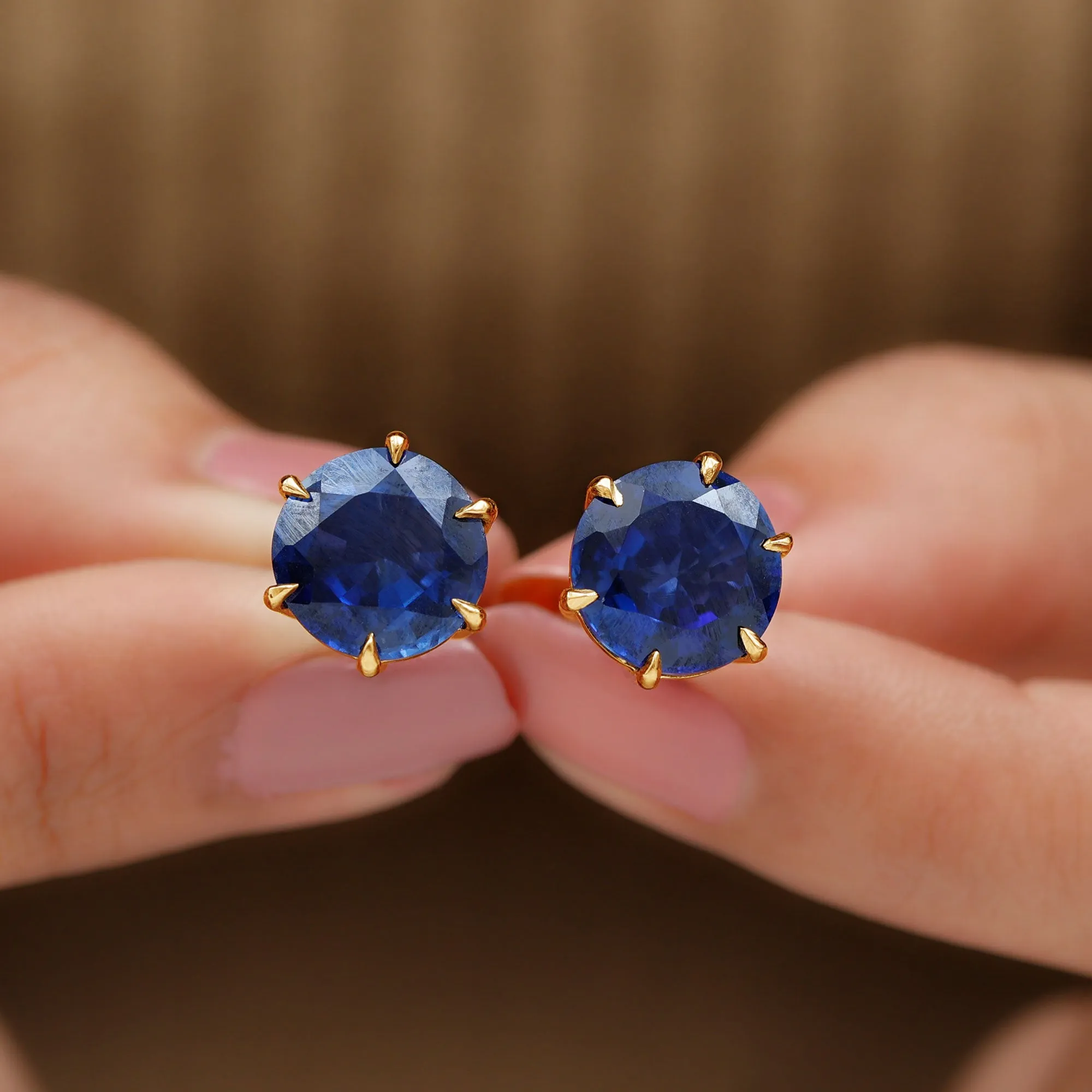 Round Lab Grown Blue Sapphire Solitaire Stud Earrings in 6 Claw Prong Setting