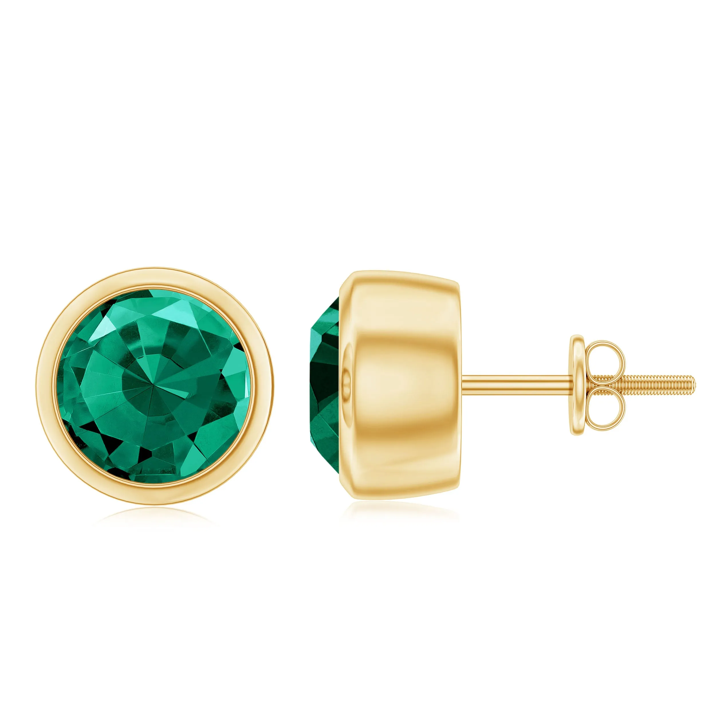 Round Shape Created Emerald Solitaire Stud Earrings in Bezel Setting