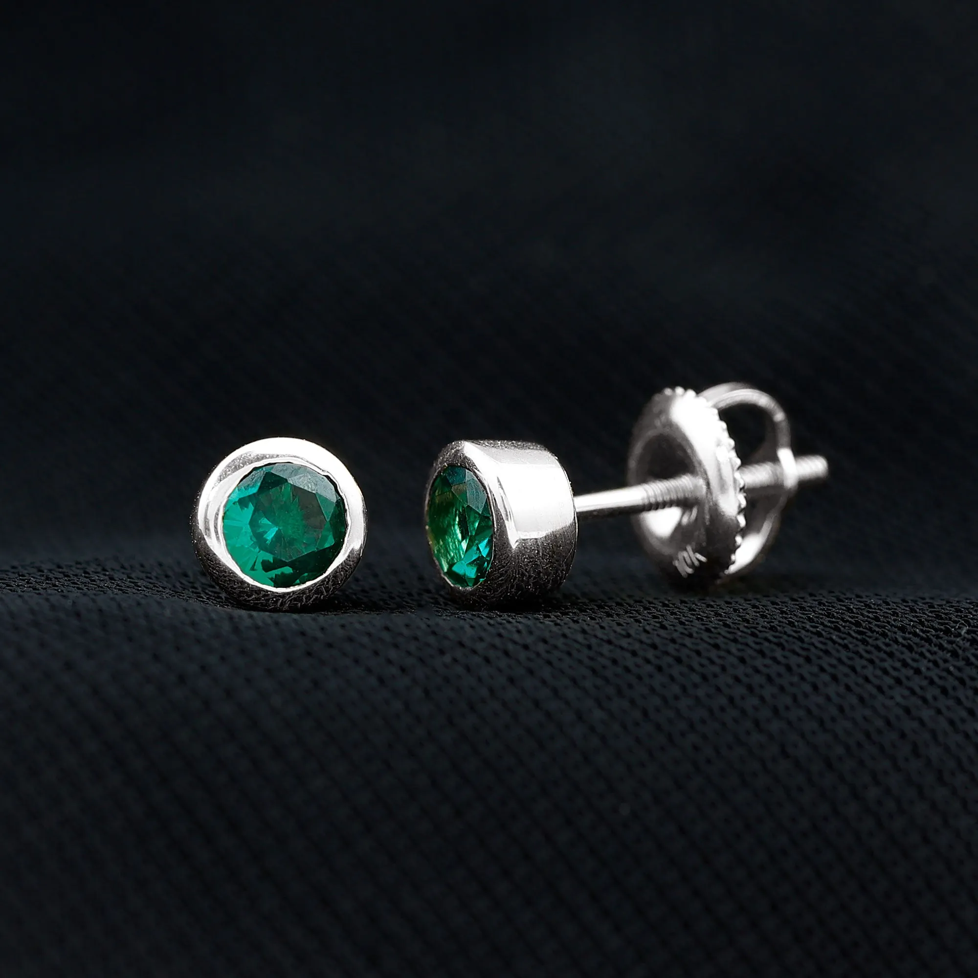 Round Shape Created Emerald Solitaire Stud Earrings in Bezel Setting