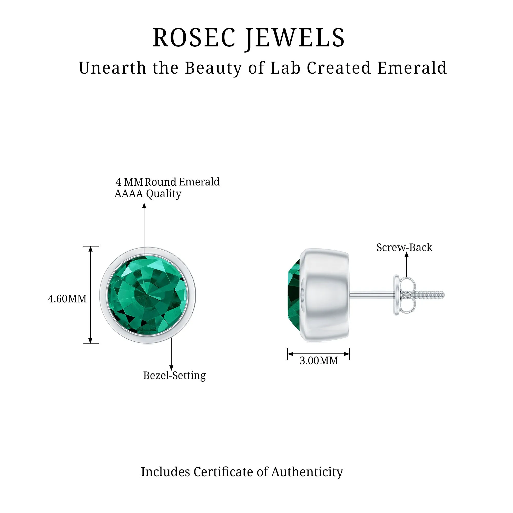 Round Shape Created Emerald Solitaire Stud Earrings in Bezel Setting