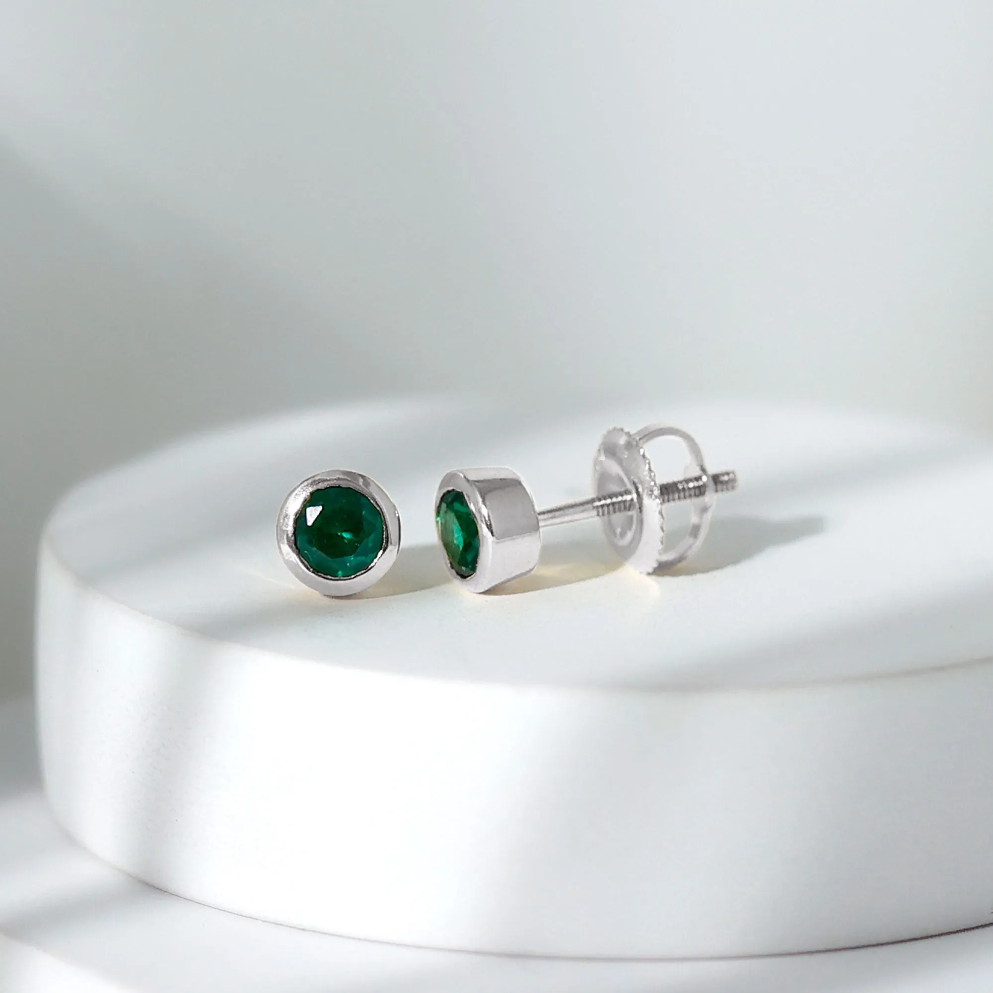 Round Shape Created Emerald Solitaire Stud Earrings in Bezel Setting