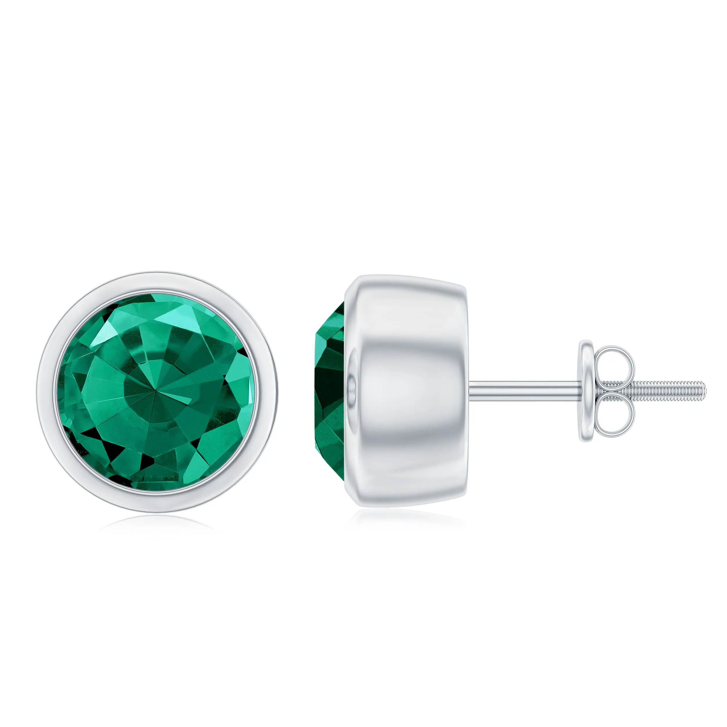 Round Shape Created Emerald Solitaire Stud Earrings in Bezel Setting