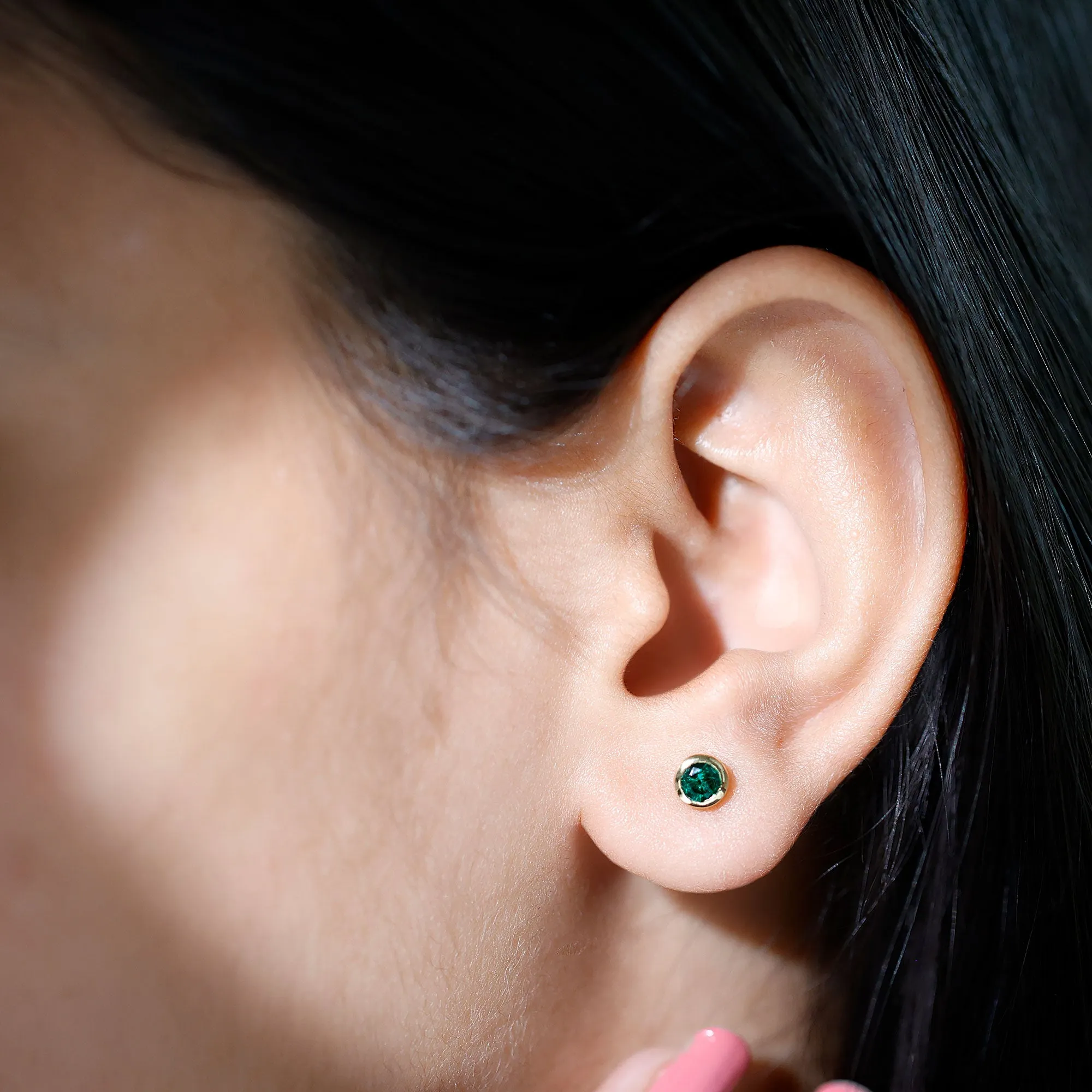 Round Shape Created Emerald Solitaire Stud Earrings in Bezel Setting