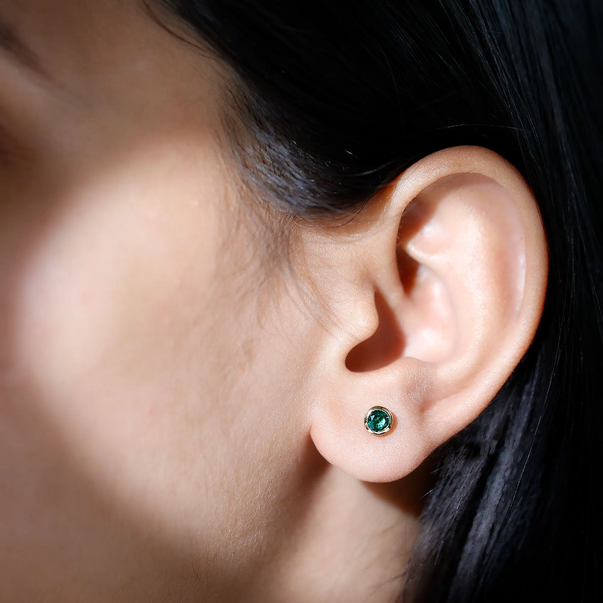 Round Shape Created Emerald Solitaire Stud Earrings in Bezel Setting