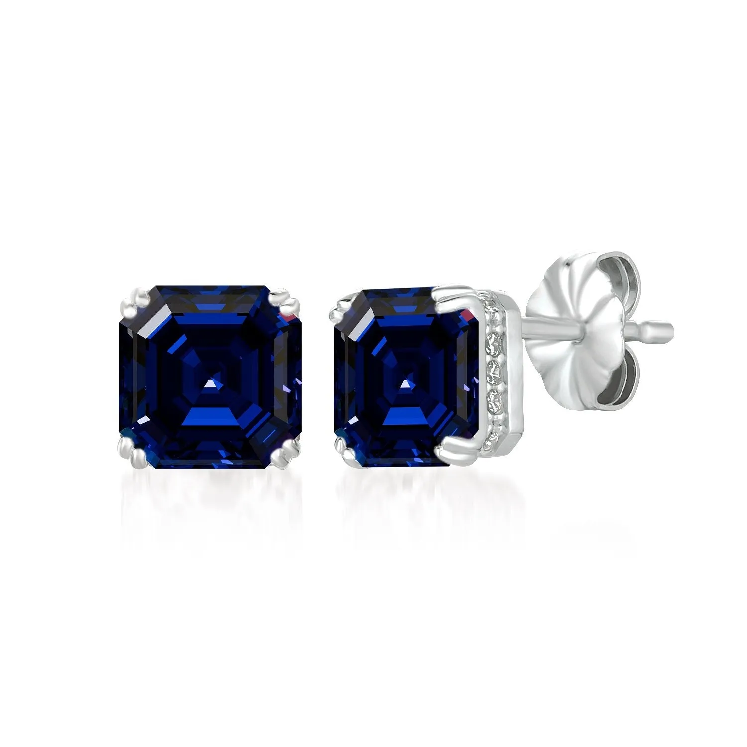 Royal Asscher Cut Earrings Sapphire Color Stone Finished In Pure Platinum